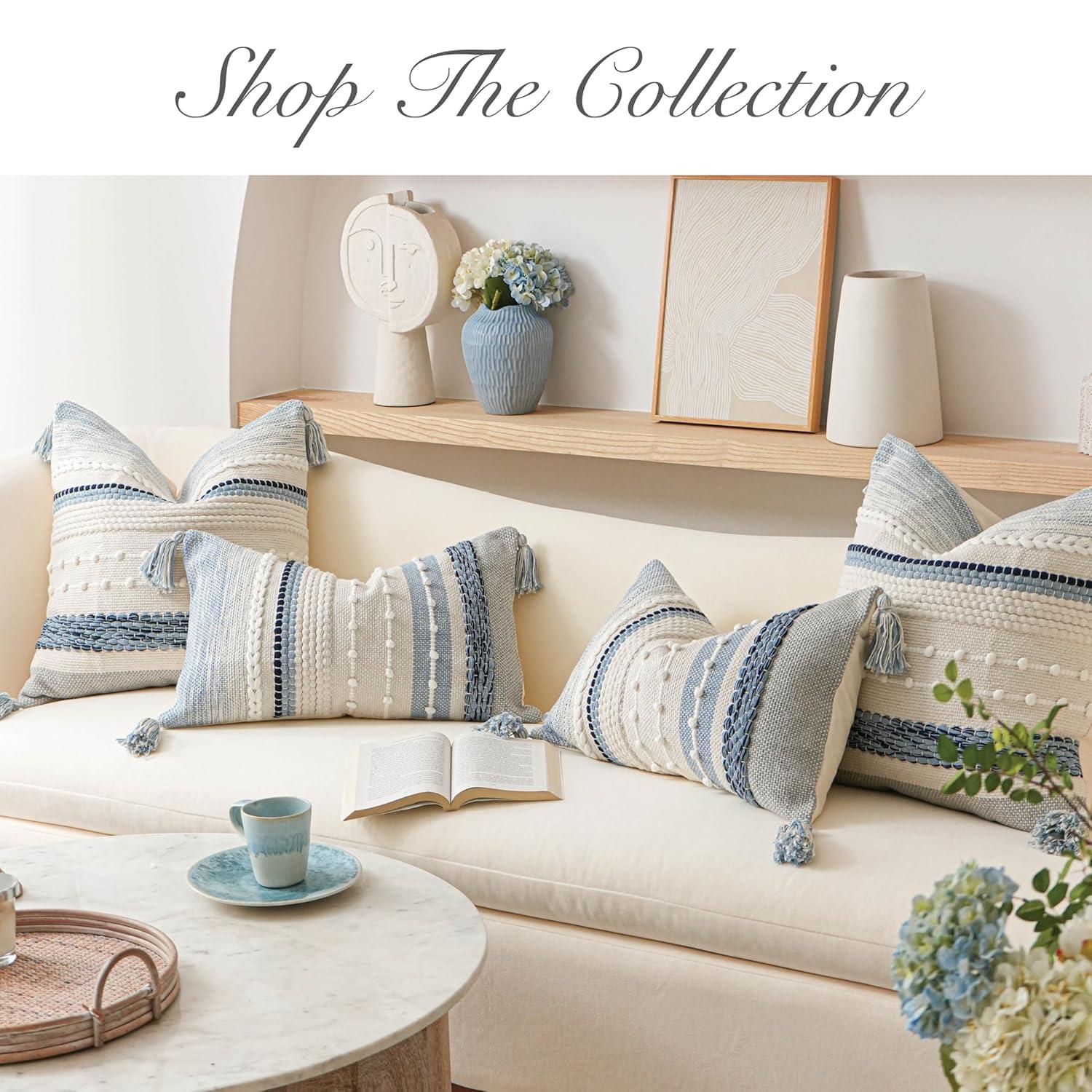 Coastal Blue Boho Decorative Throw Pillow Cover 20x20 Modern Bohemian Accent Pillow Case Square Woven Textured Farmhouse Pillows for Couch Bed (Pack of 1)