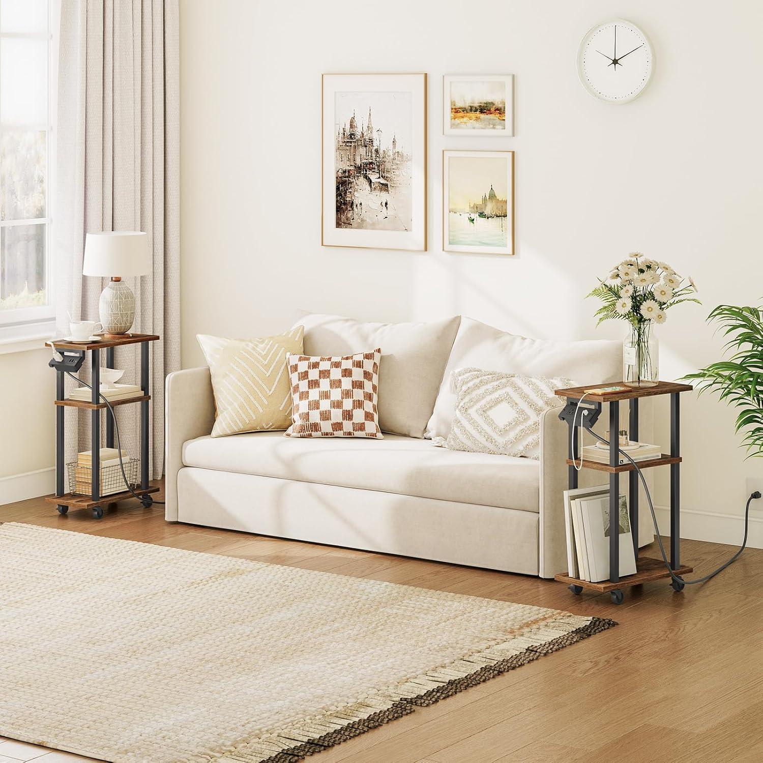 HOOBRO Small Narrow Side Table with Charging Station, Skinny End Table for Small Spaces, Slim Nightstand with USB Ports and Outlet, Sofa Beside Table on Wheels for Living Room BF122UBZ01