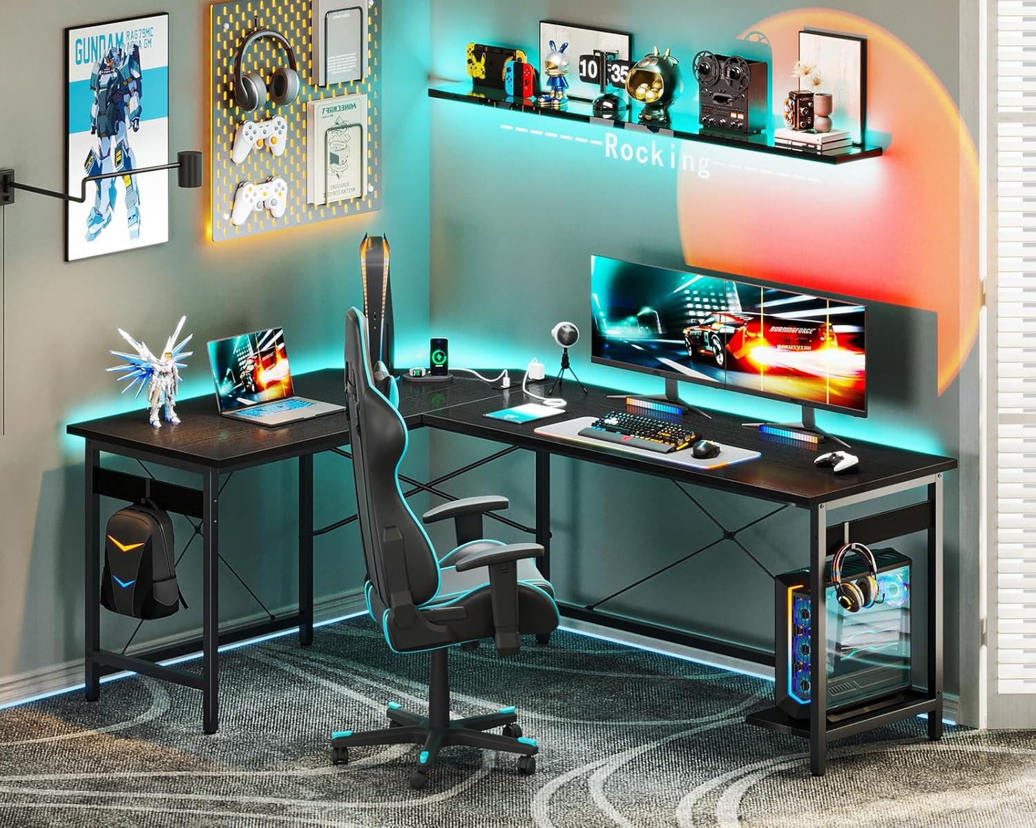 Black 59-Inch L-Shaped Gaming Desk with Power Outlet and USB Ports