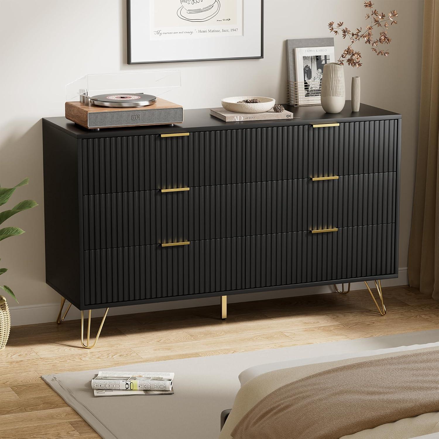 Black Dresser, Modern 6-Drawer Dresser for Bedroom with Gold Handles, Wide Chest of Drawers for Living Room
