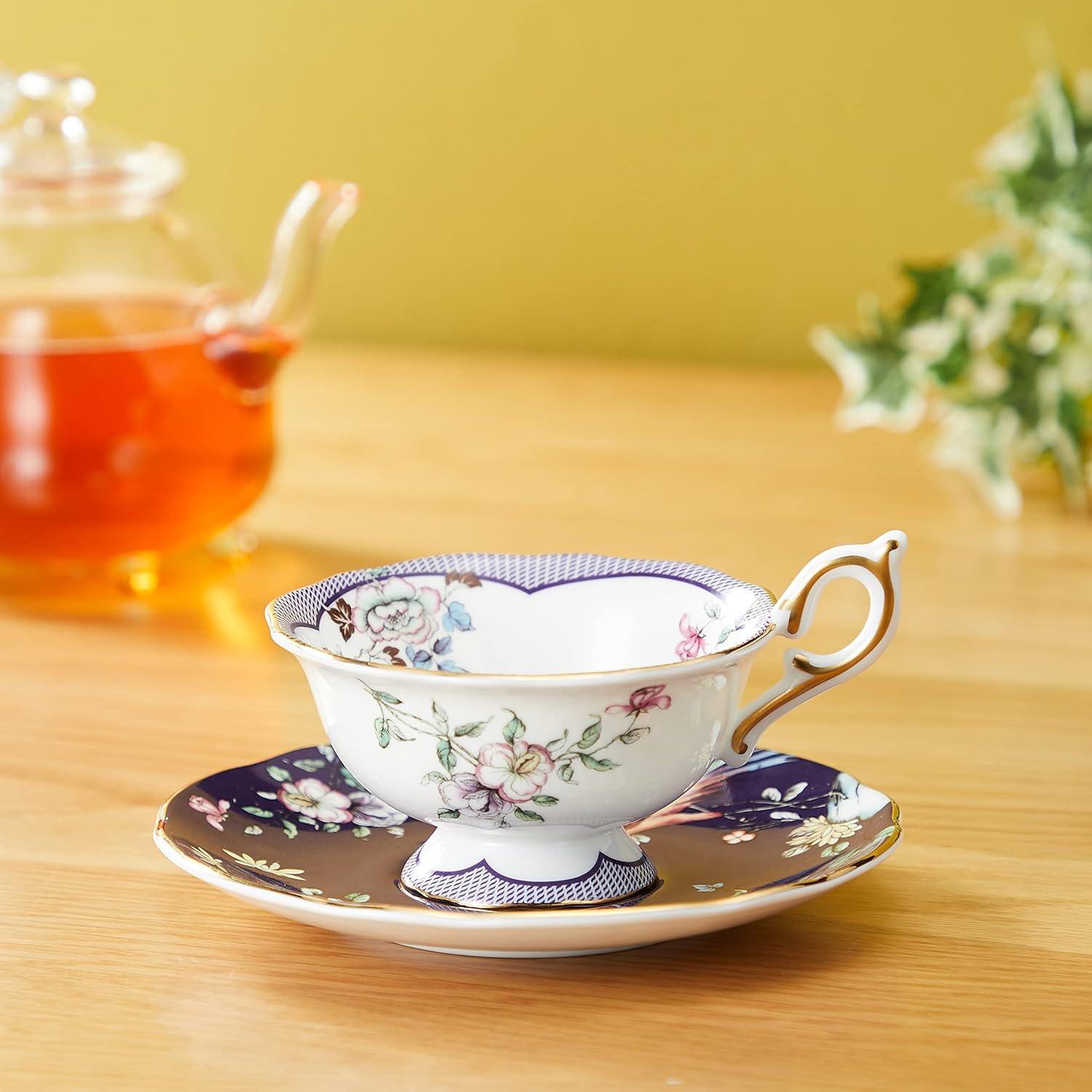 Midnight Crane Floral Bone China Teacup and Saucer Set