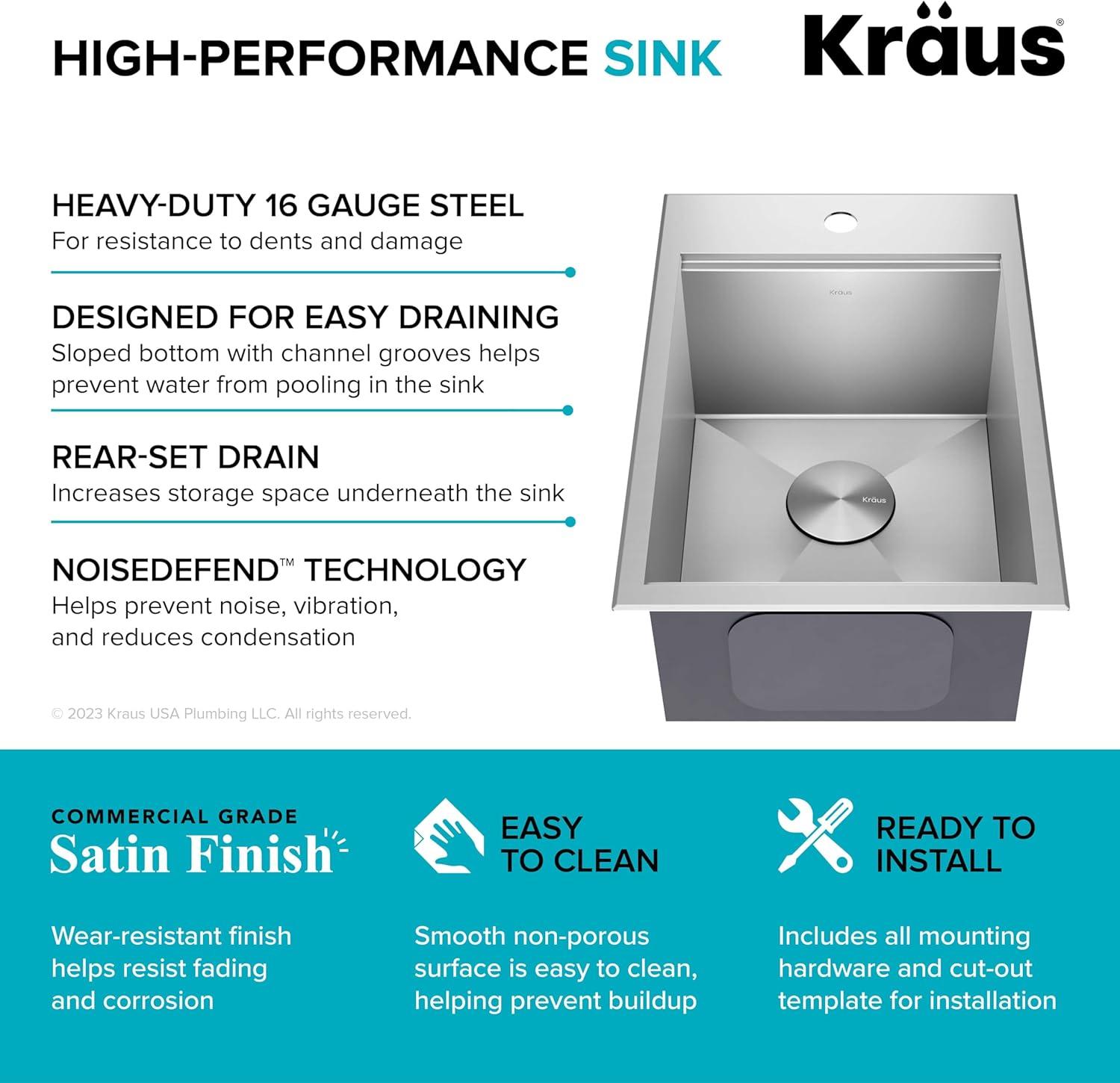 KRAUS® Kore 15" Drop In / Top Mount Workstation 16 Gauge Single Bowl Stainless Steel Bar Kitchen Sink with Accessories