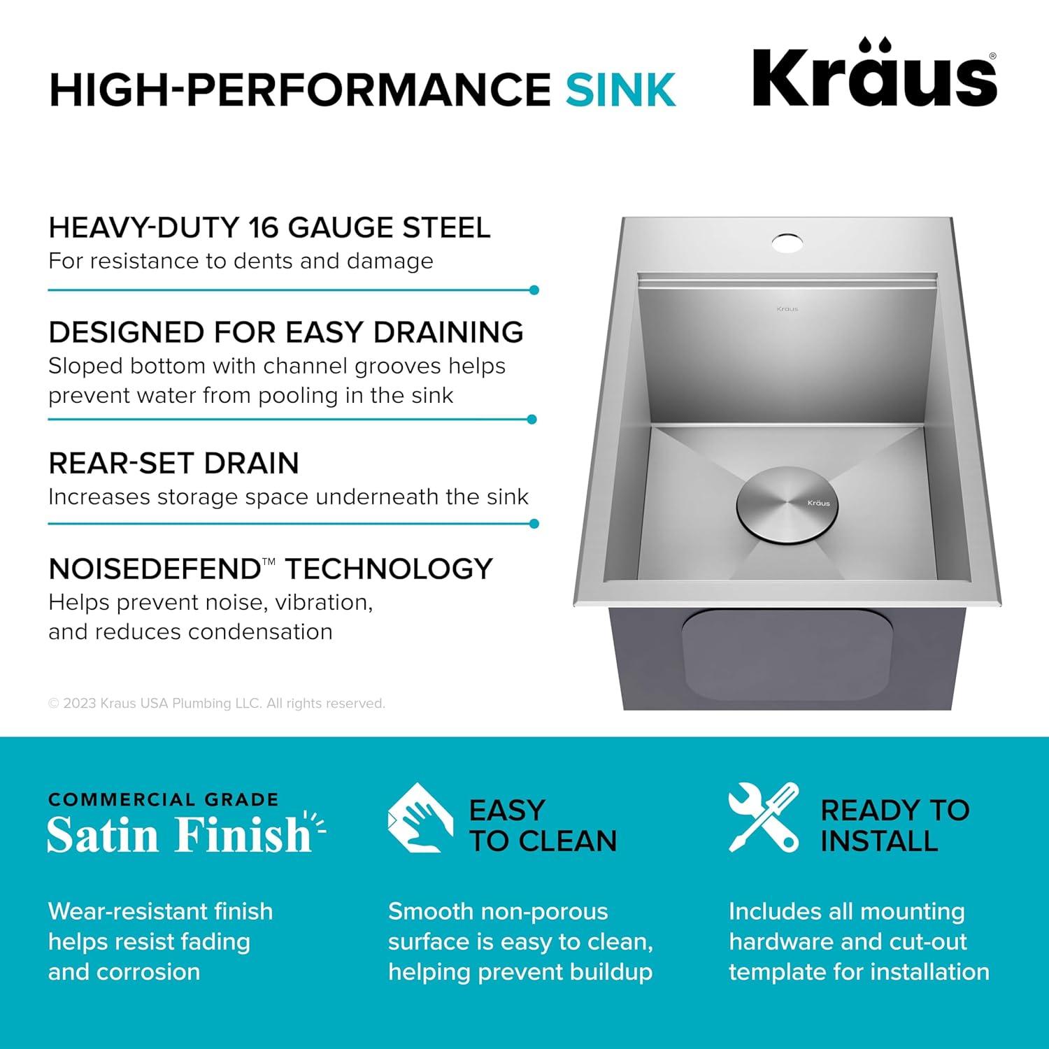 Kraus KWT311-15 KRAUS® Kore 15" Drop In / Top Mount Workstation 16 Gauge Single Bowl Stainless Steel Bar Kitchen Sink with Accessories