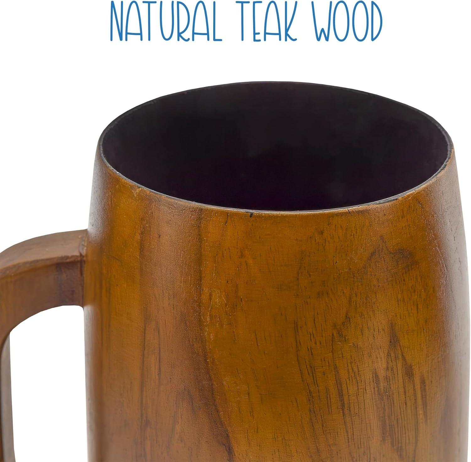 Darware Teak Wood Coffee Mugs, 2pc Set; Wooden Stein Retro 16 Fluid Ounce Cups