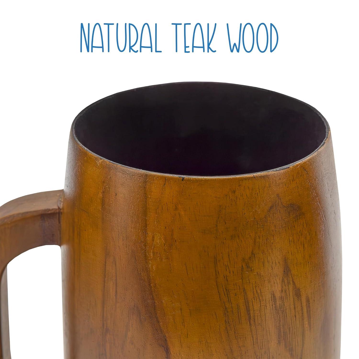 Darware Teak Wood Coffee Mugs, 2pc Set; Wooden Stein Retro 16 Fluid Ounce Cups