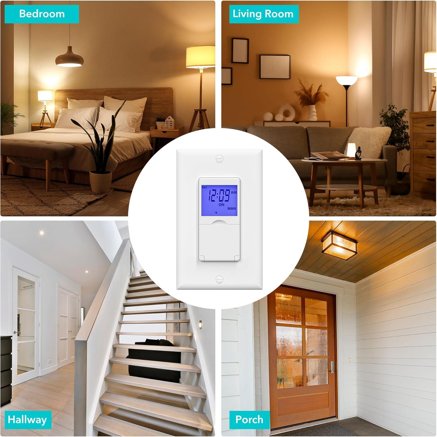 BN-LINK 7 Day Programmable In-Wall Timer Switch for Lights, fans and Motors , Single Pole and 3 Way Both Use, Blue Backlight, Neutral Wire Required, White