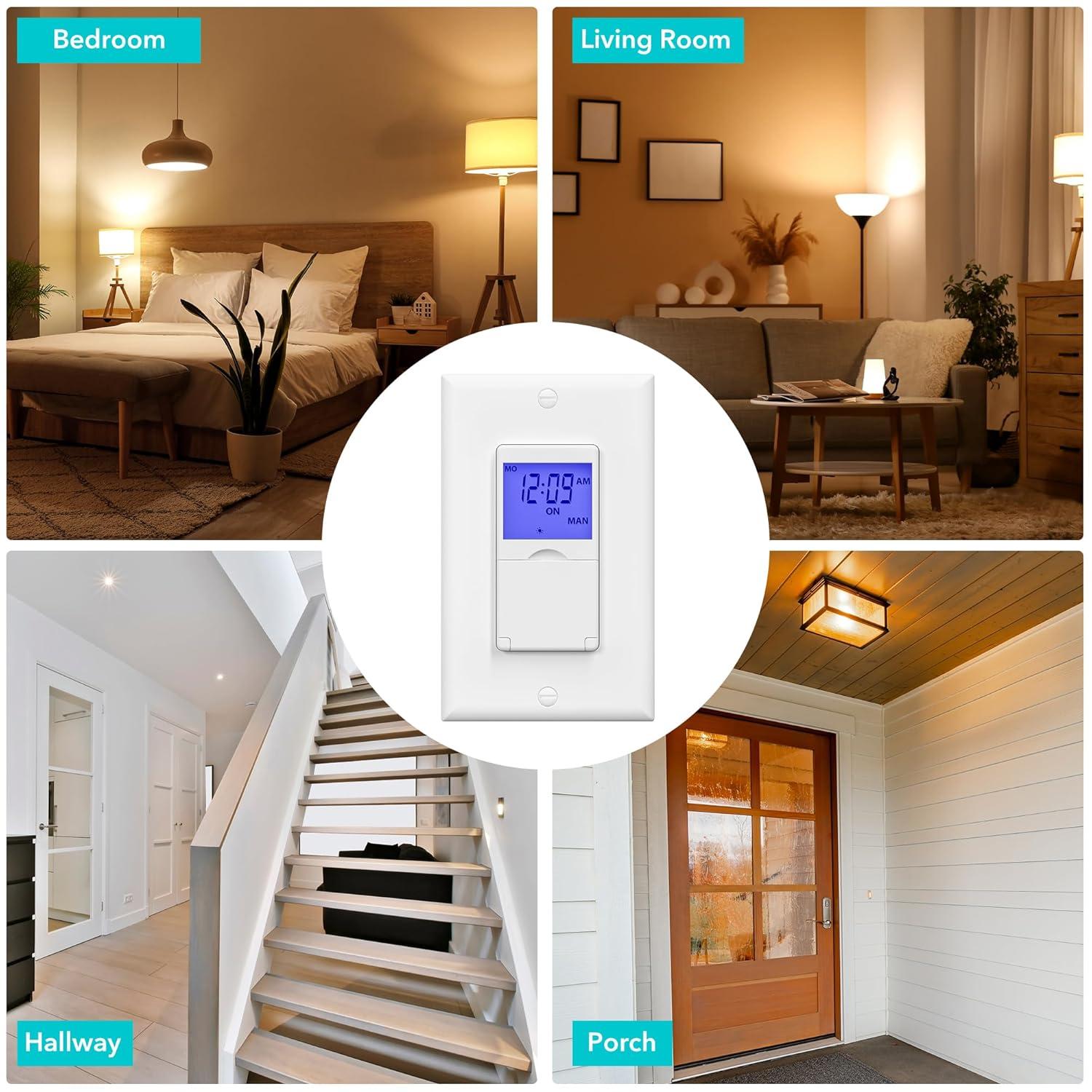 BN-LINK 7 Day Programmable In-Wall Timer Switch for Lights, fans and Motors , Single Pole and 3 Way Both Use, Blue Backlight, Neutral Wire Required, White