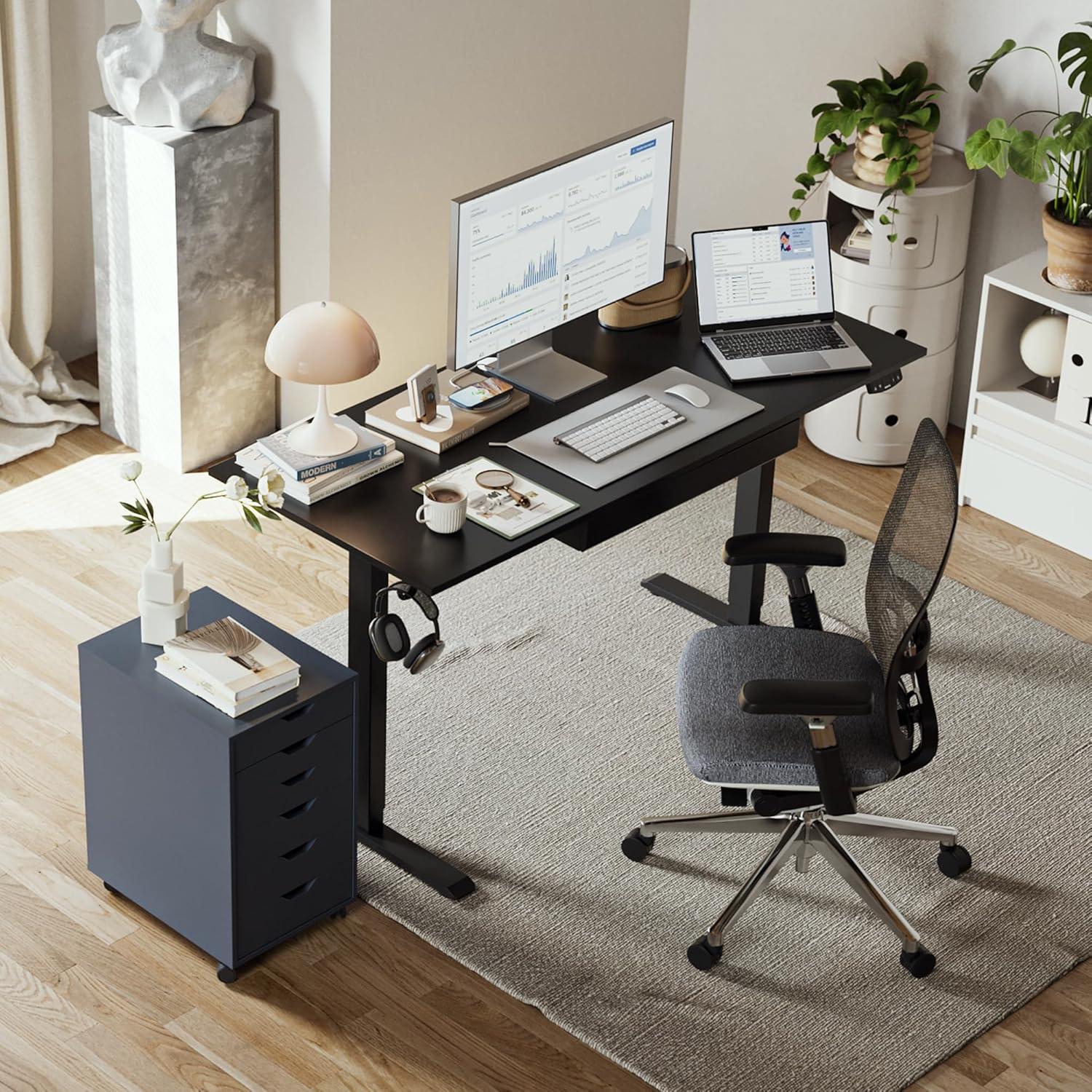 Agilestic Adjustable Height Electric Standing Desk with Storage Wooden Drawer, 55 x 24 Inches Stand Up Home Office Computer Gaming Table for Work Office Home, Rustic Brown