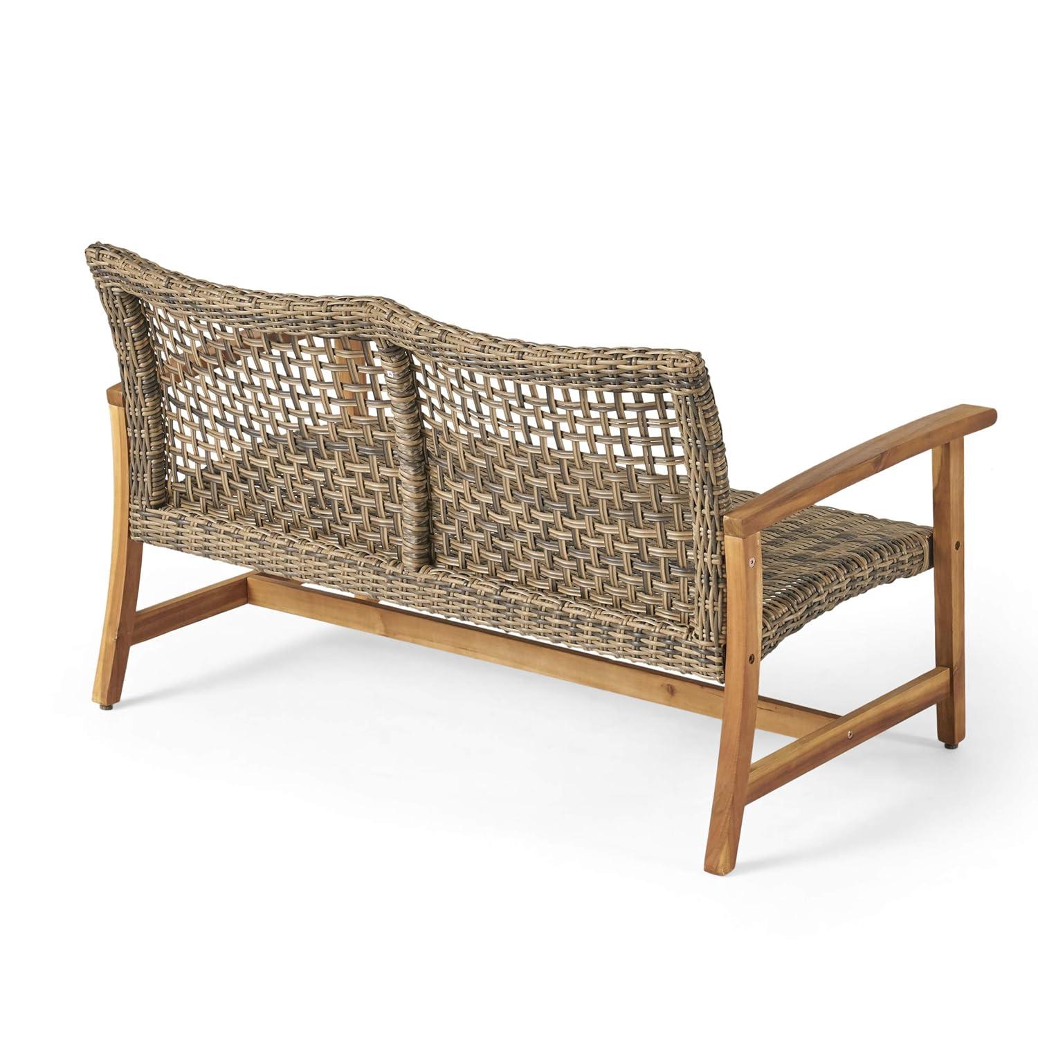 GDFStudio Jean Outdoor Acacia Wood and Wicker Loveseat, Brown