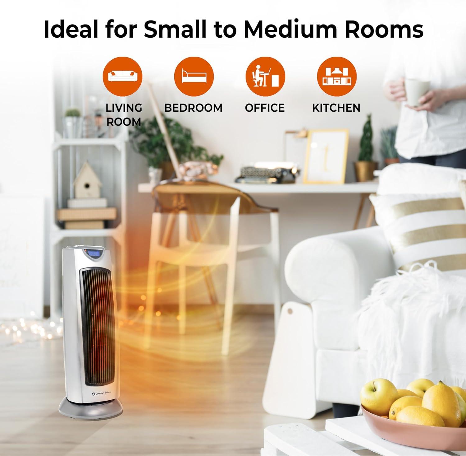 Comfort Zone Portable 1500W Ceramic Oscillating Digital Tower Space Heater