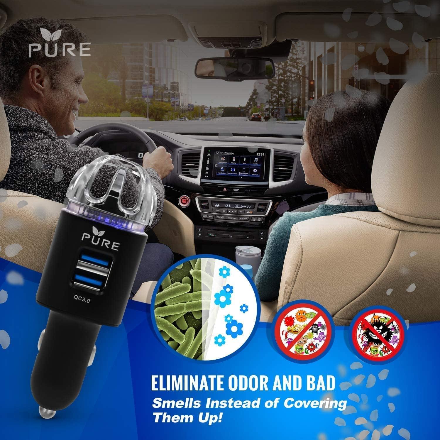 Car Air Purifier Premium Air Ionizer & Car Charger Accessory w/Dual USB Ports - Quick Charge 3.0 - Eliminate Allergens Bad Odor Smell Smoke Pollen Mold Bacteria Viruses - Deodorizer (BLACK)