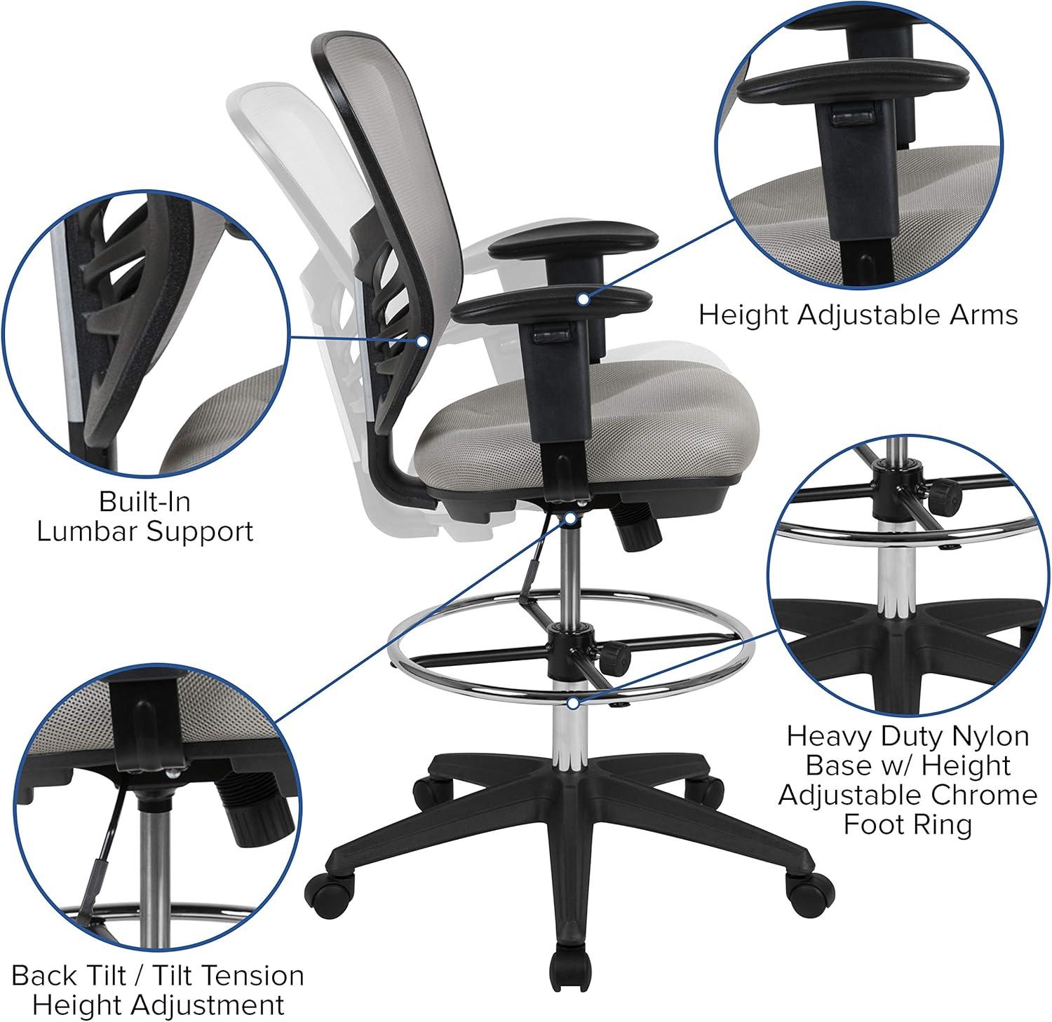 Flash Furniture Mid-Back Mesh Ergonomic Drafting Chair with Adjustable Chrome Foot Ring, Adjustable Arms