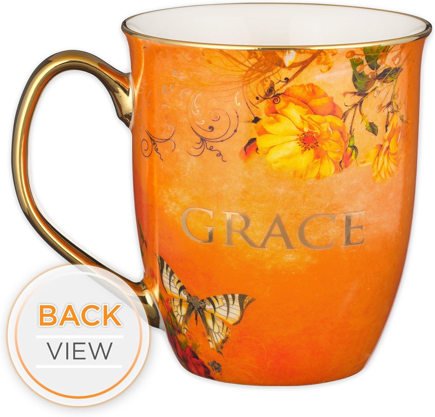 Christian Art Gifts Large Ceramic Butterfly Scripture Coffee & Tea Mug for Women: Grace - Inspirational Bible Verse Novelty Non-toxic Drinkware w/Gold Accents, Orange & White Multicolor Floral, 14 oz.