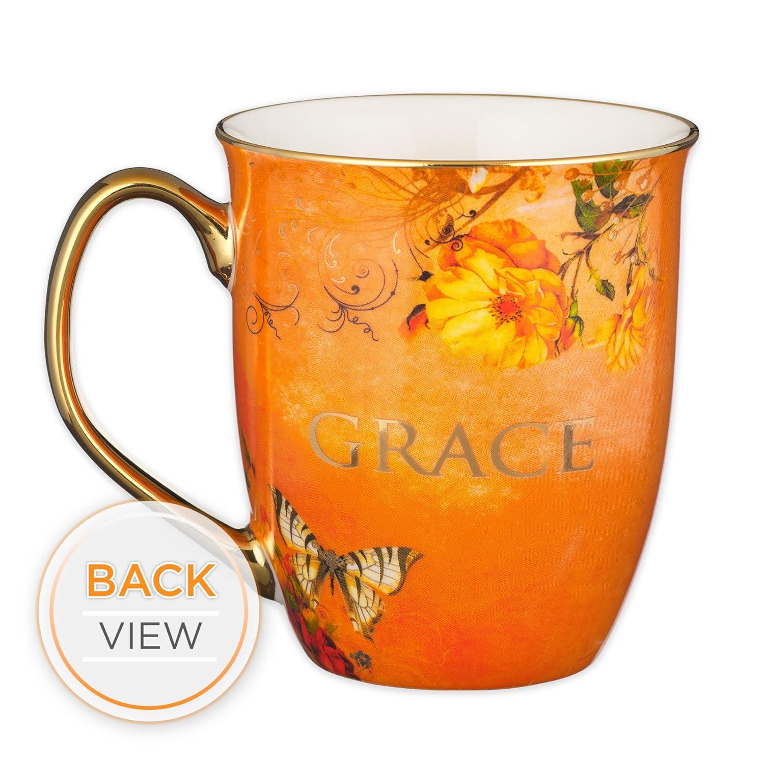 Christian Art Gifts Large Ceramic Butterfly Scripture Coffee & Tea Mug for Women: Grace - Inspirational Bible Verse Novelty Non-toxic Drinkware w/Gold Accents, Orange & White Multicolor Floral, 14 oz.