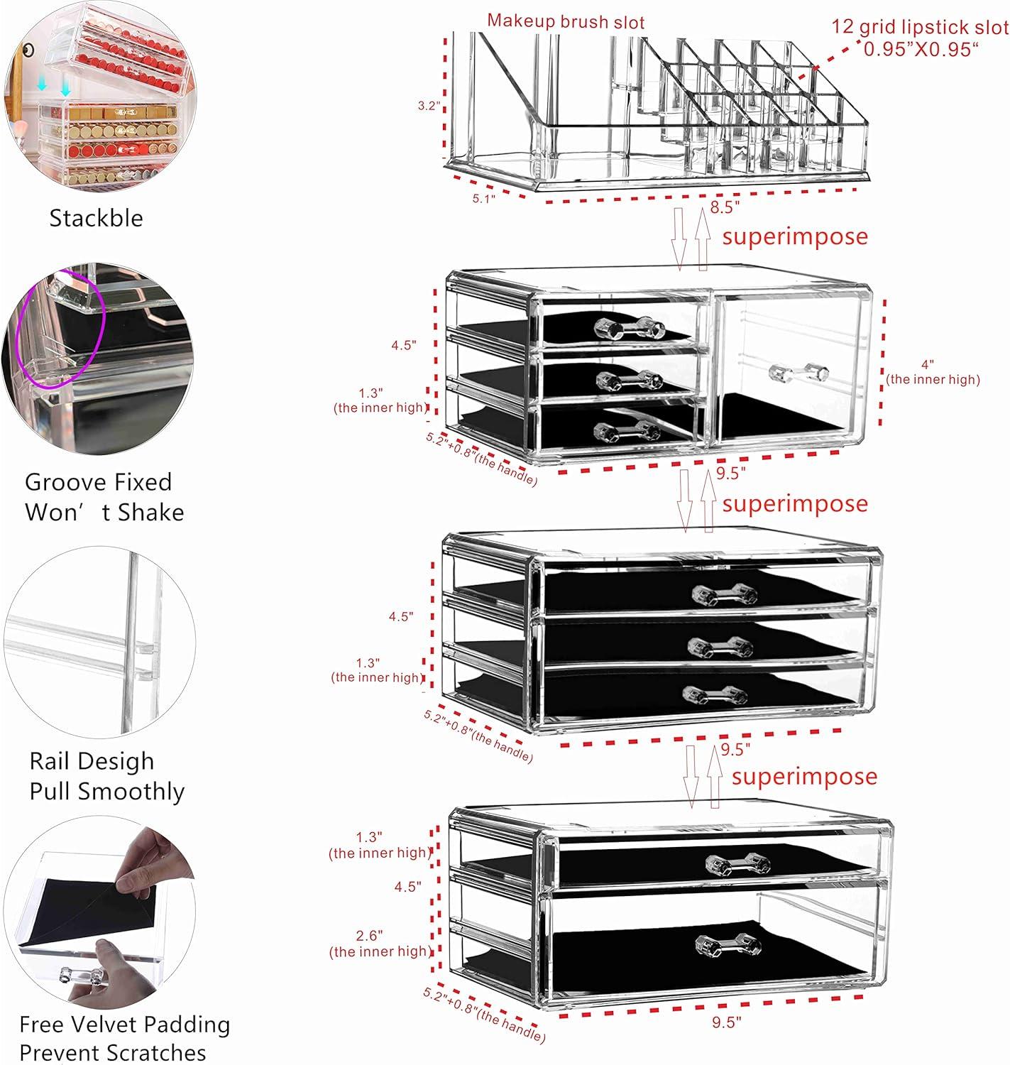 Cq acrylic 4 Pack Clear Make up Organizer Countertop,Stackable 9 Drawers Makeup Storage,Cute Vanity Organizers for dresser Hair Clip,Jewelry,Beauty Product Desk and Bathroom Organizers and Storage