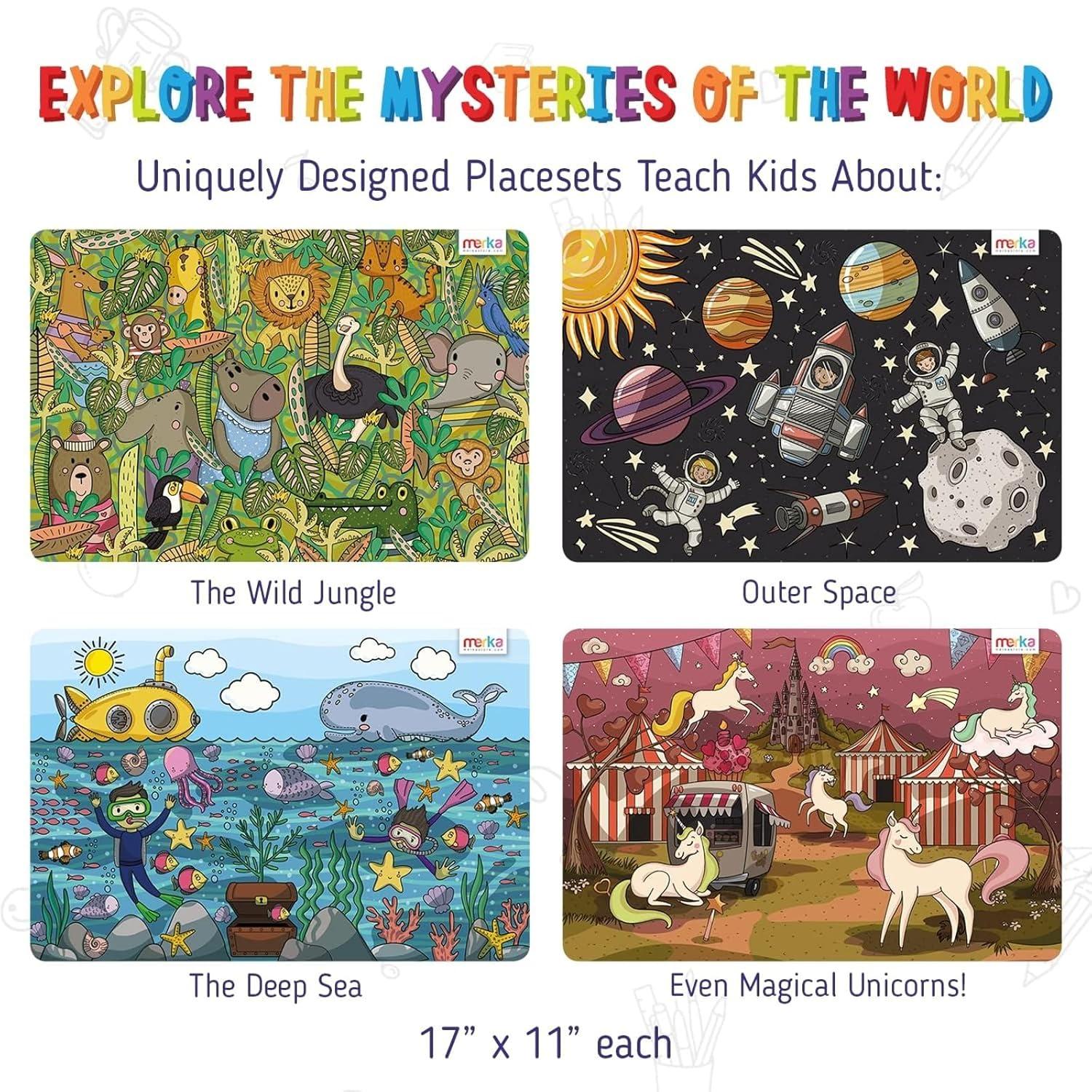 merka Kids Wipeable Plastic Placemats for Dining Table - Ocean, Space, Jungle, Unicorns for Ages 2 and Up, Set of 4