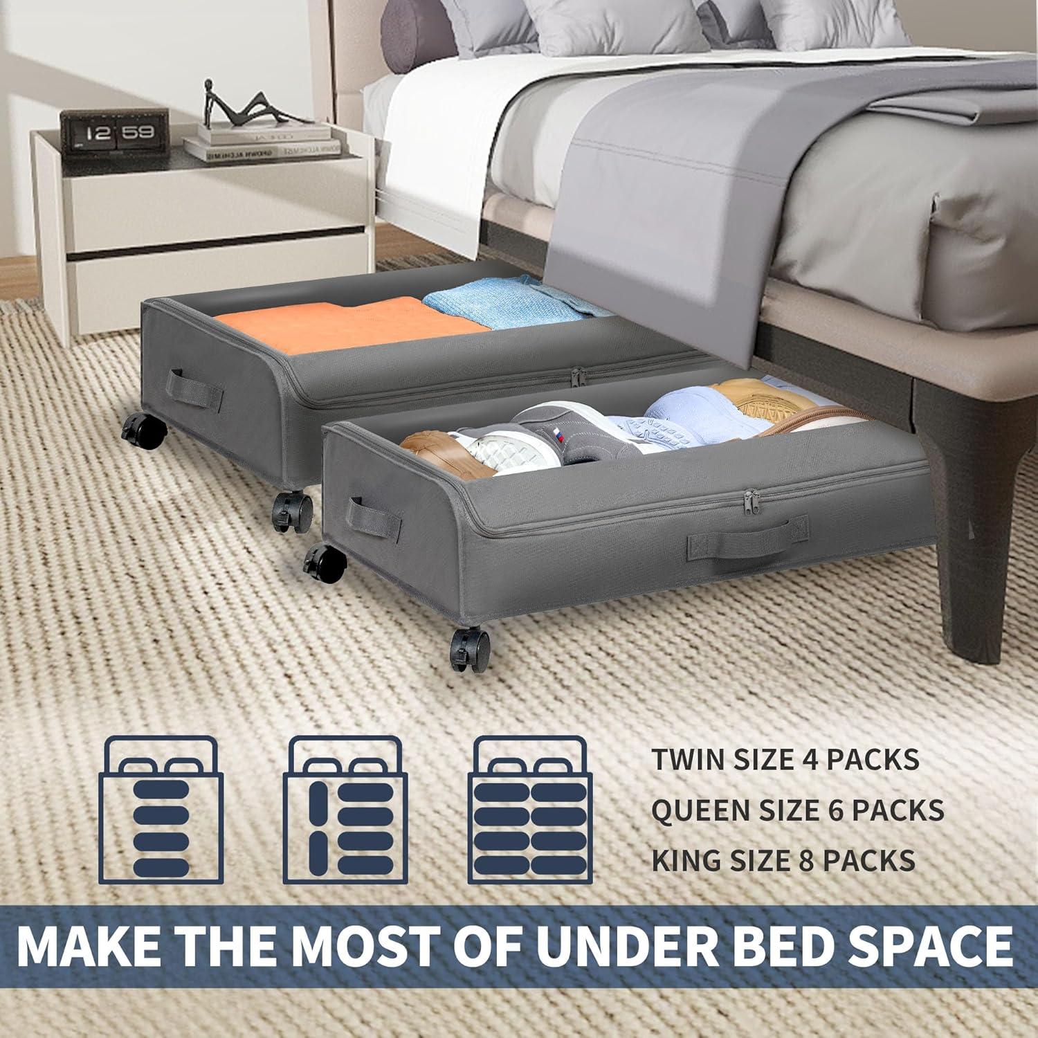 Gray Fabric Collapsible Under Bed Storage with Wheels, 2-Pack