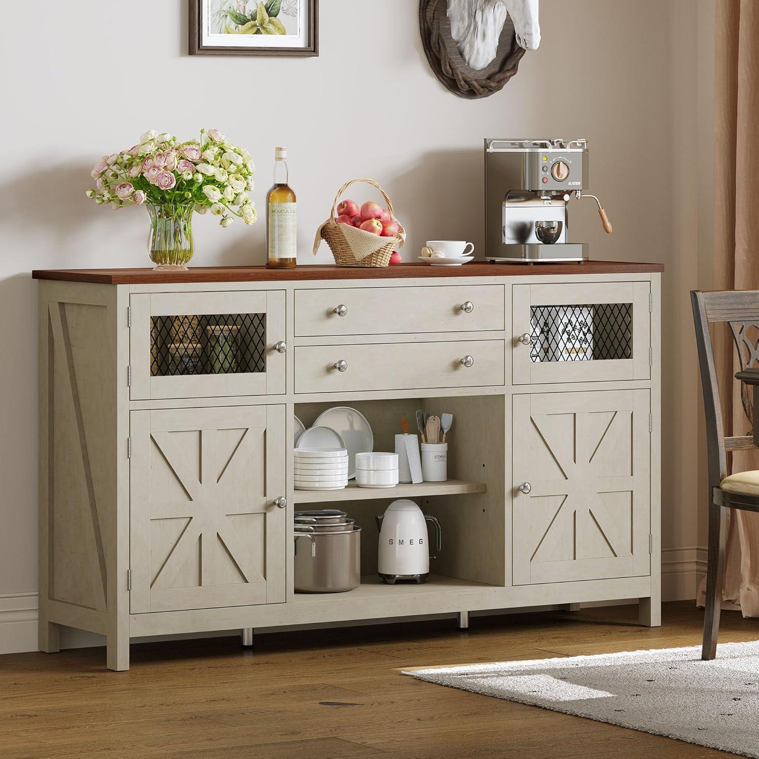 Antique White Farmhouse Coffee Bar Cabinet with Barn Doors