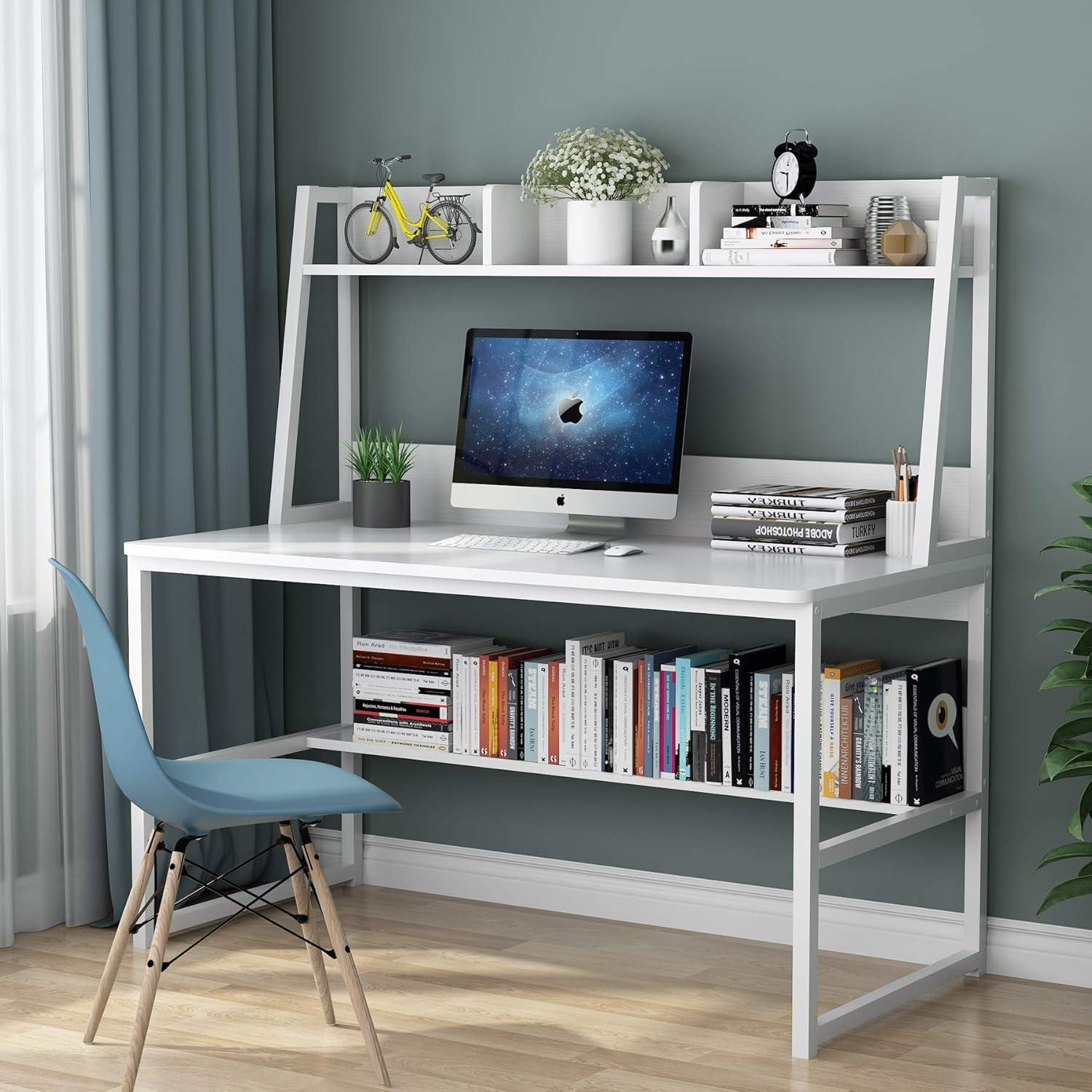 White Particleboard Computer Desk with Hutch and Bookshelf