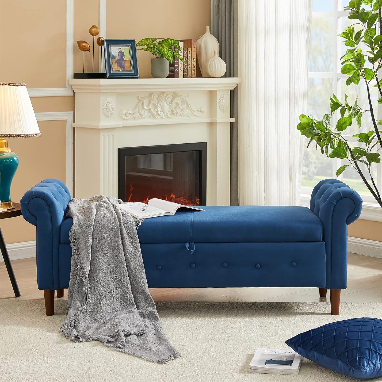 Navy Blue Linen Rolled Arm Storage Bench with Wooden Legs