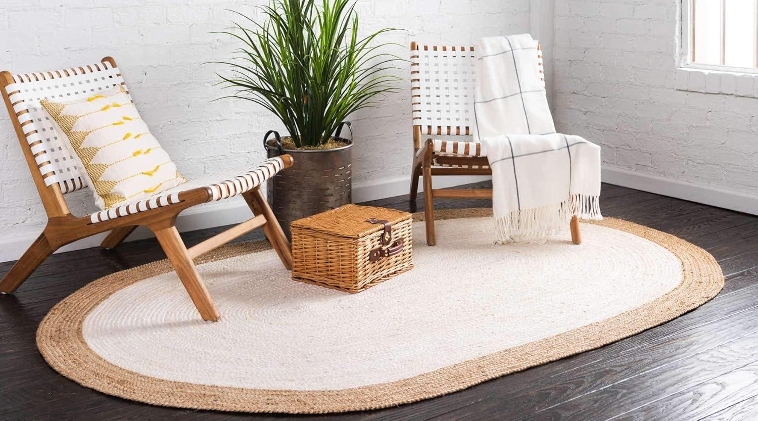 Eco-Friendly Handmade Oval Braided White Jute Rug