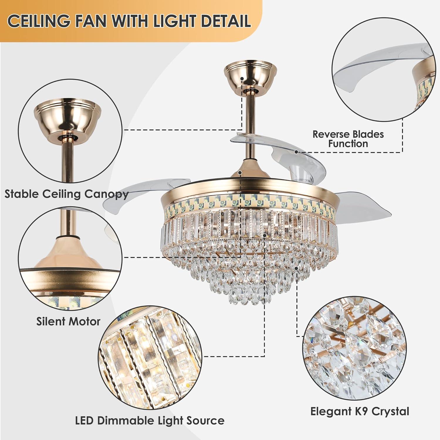 HOOMEDELIER 42" Chandelier Ceiling Fan with Remote, Crystal Beads Framed Fan with 4 Retractable Blades Smart Indoor Fandelier Fan