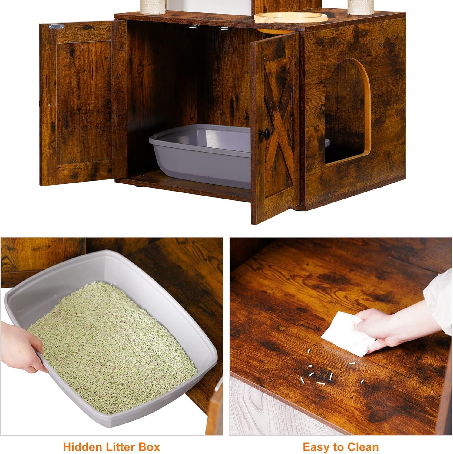 Wood Litter Box Enclosure with Food Station, All-in-one Indoor Cat Furniture with Large Platform and Condo
