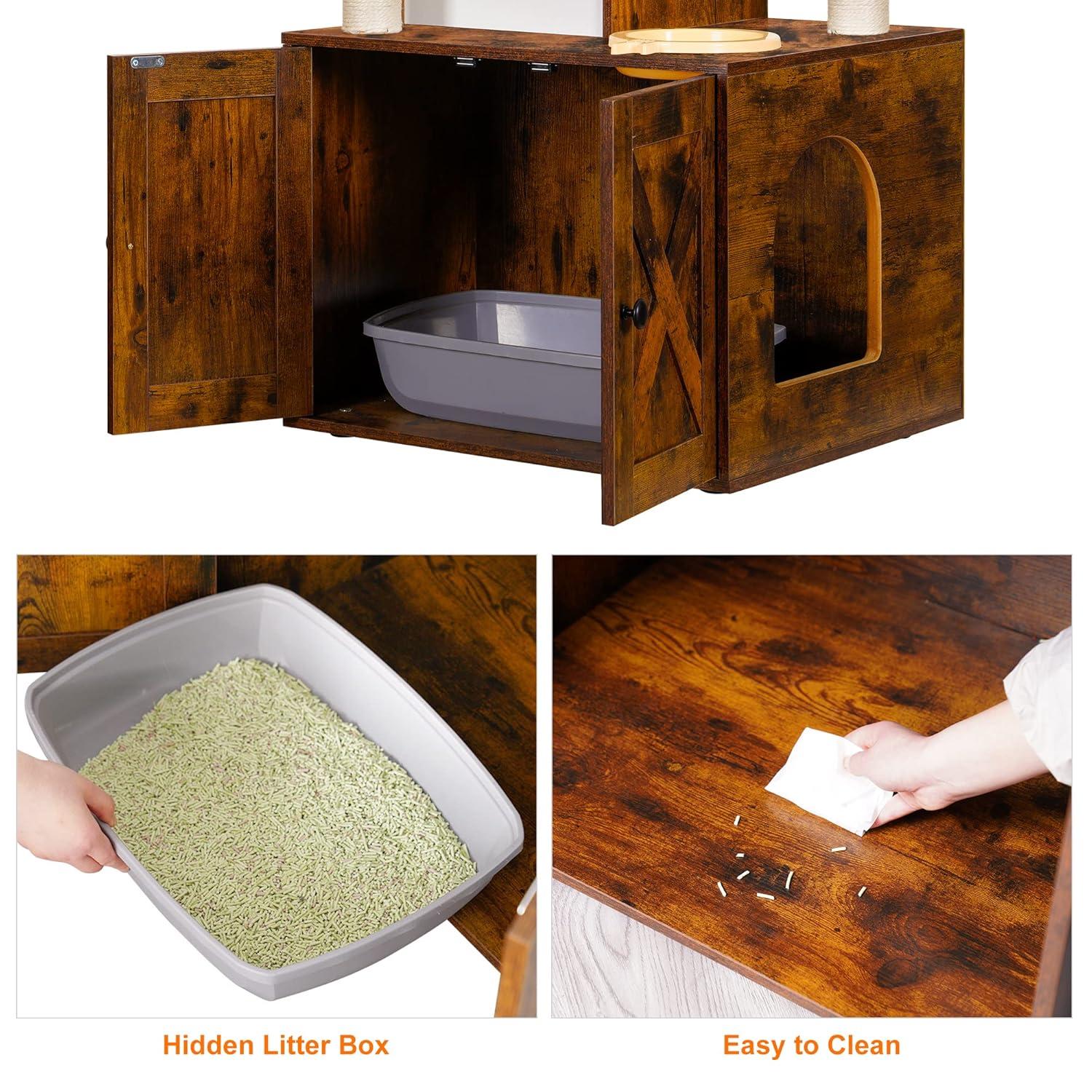 Wood Litter Box Enclosure with Food Station, All-in-one Indoor Cat Furniture with Large Platform and Condo