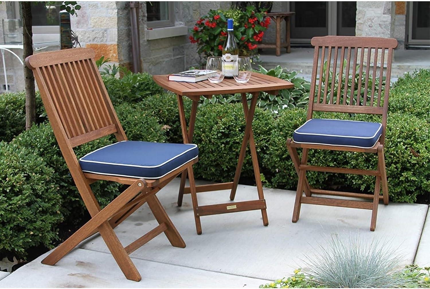 Outdoor Interiors Eucalyptus Wood 3-Piece Square Foldable Bistro Outdoor Furniture Patio Set, Table and 2 Chairs with Cushions, Blue