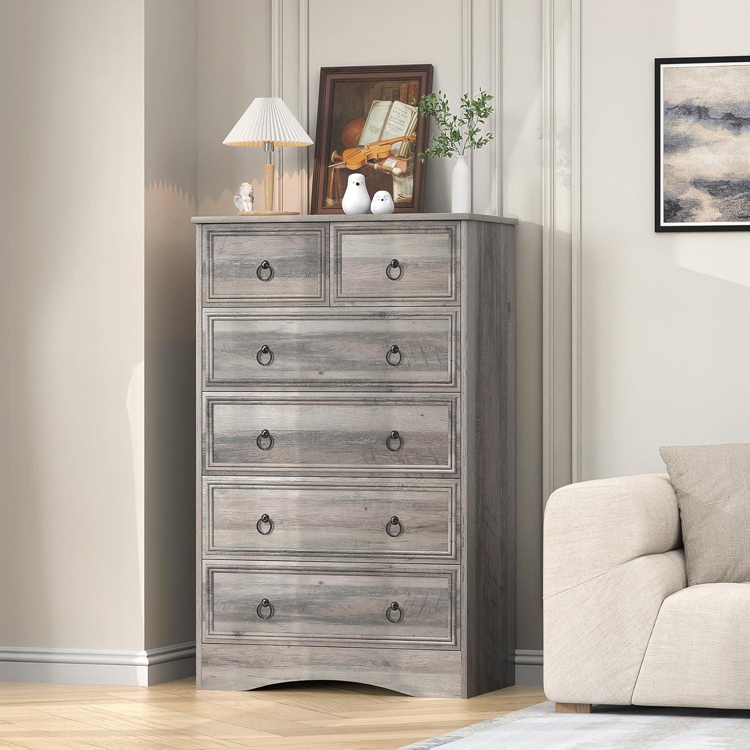 LGHM Modern 6 Drawer Dresser, Dressers for Bedroom, 44.33" Tall Chest of Drawers Closet Organizers & Storage Clothes - Easy Pull Handle, Textured Borders Living Room, Hallway, Gray