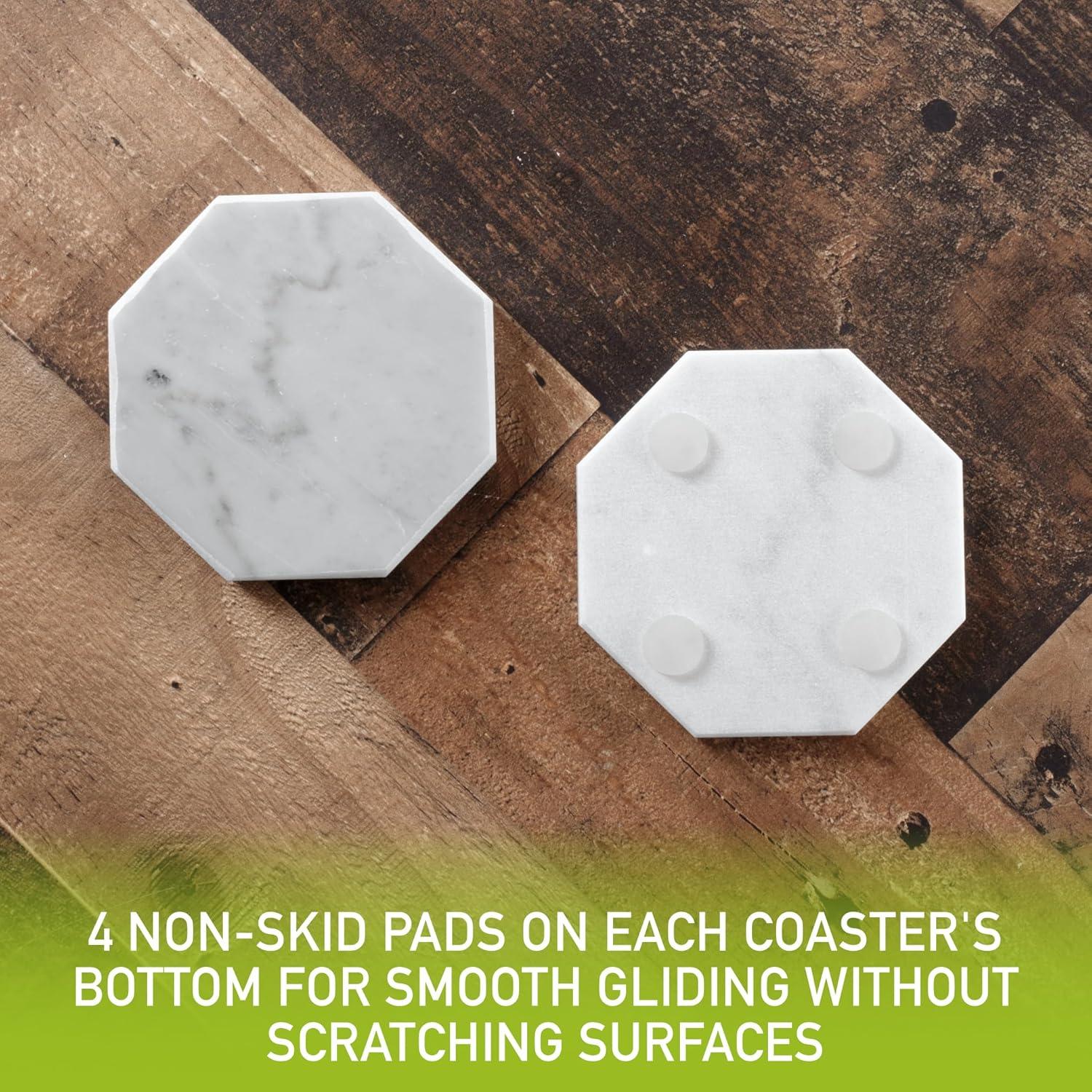 D'Eco White Carrara Marble Coasters w/ Bamboo Holder - Set of 5 - Tabletop Protection- Fits Any Size Wine Glass, Cup, Mug - Great Mother's Day Gift