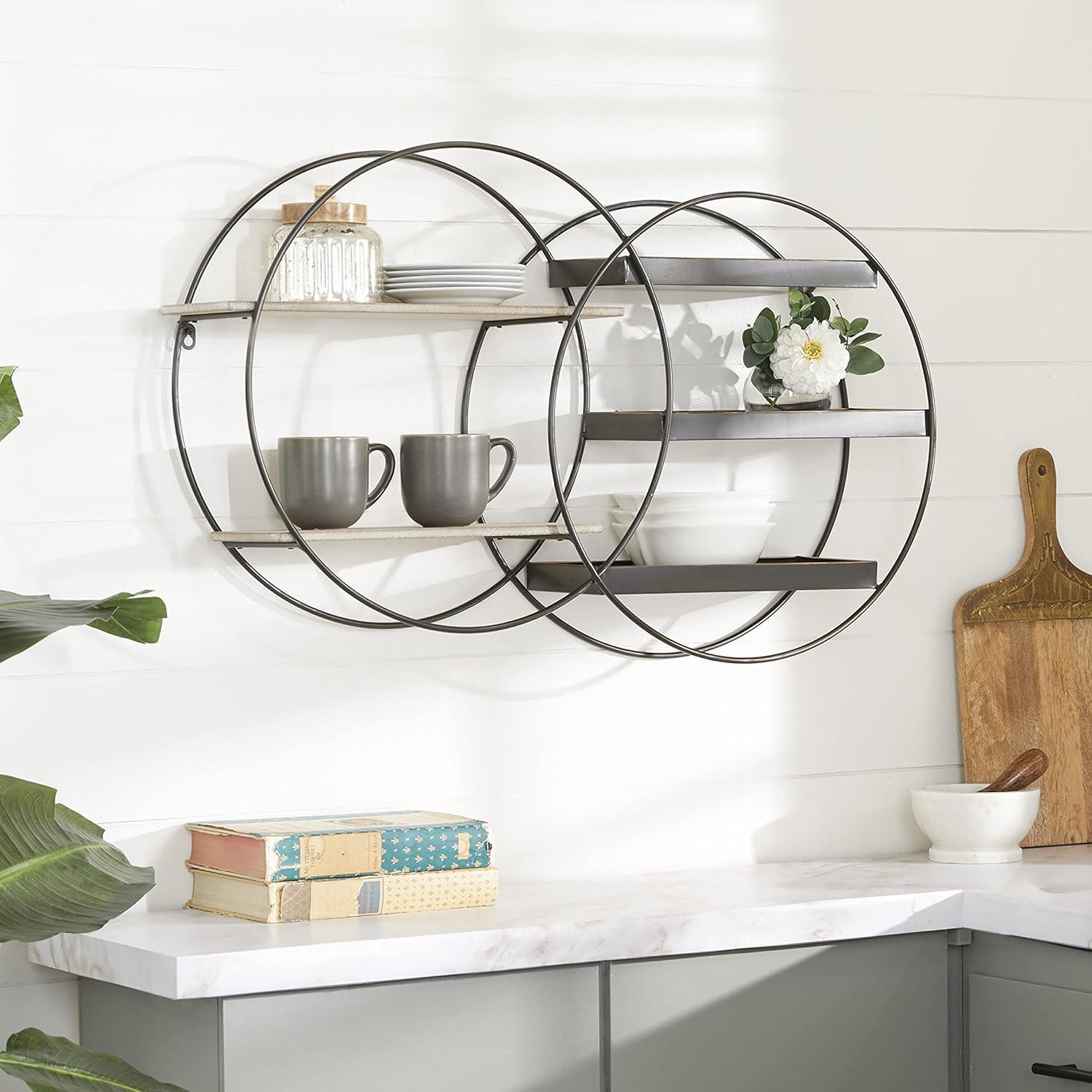 Black Iron and Dark Wood Circular Floating Wall Shelf