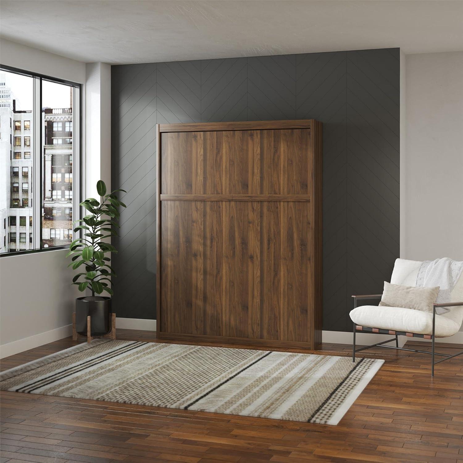 Columbia Walnut Full Size Murphy Bed with Storage and Slats