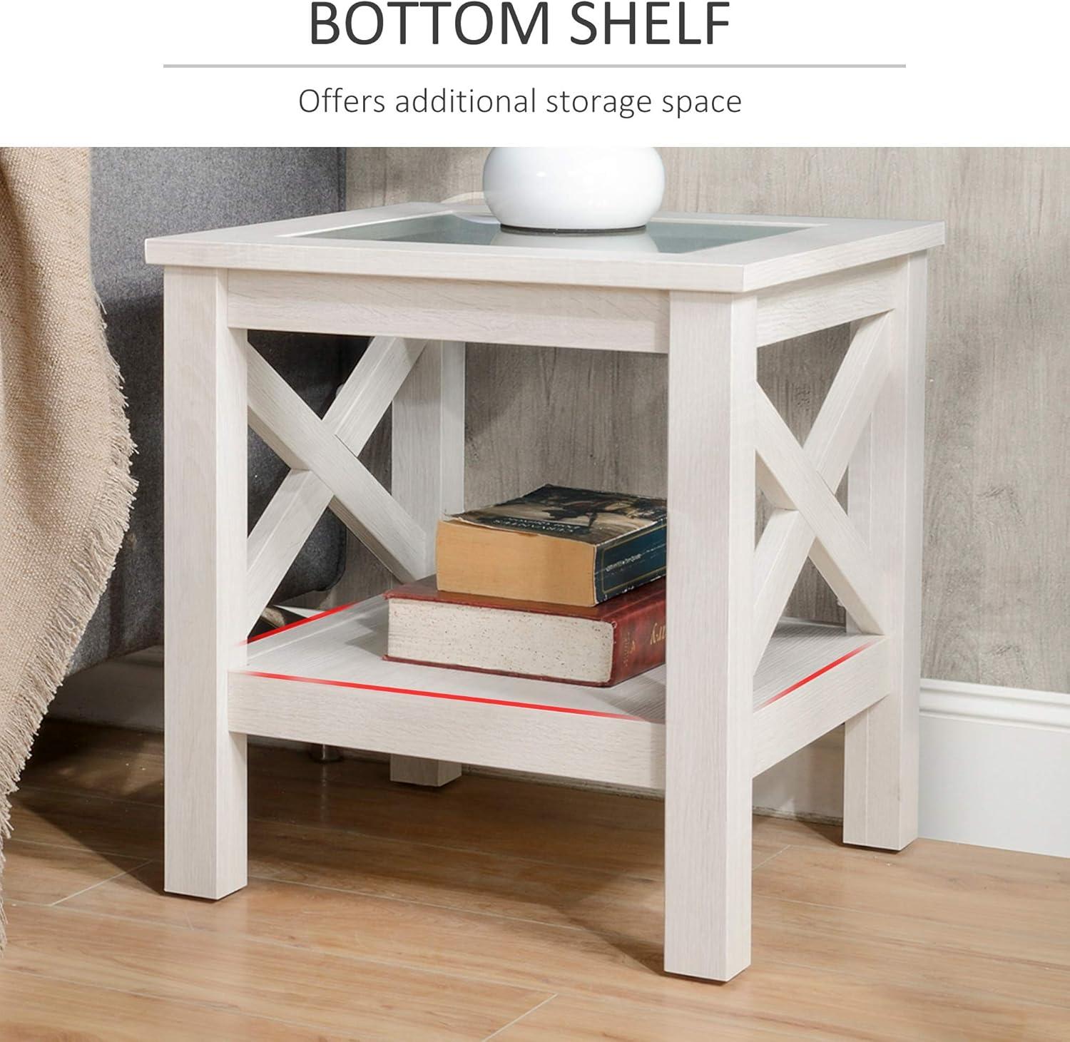 White Oak Wood and Glass End Table with Storage Shelf