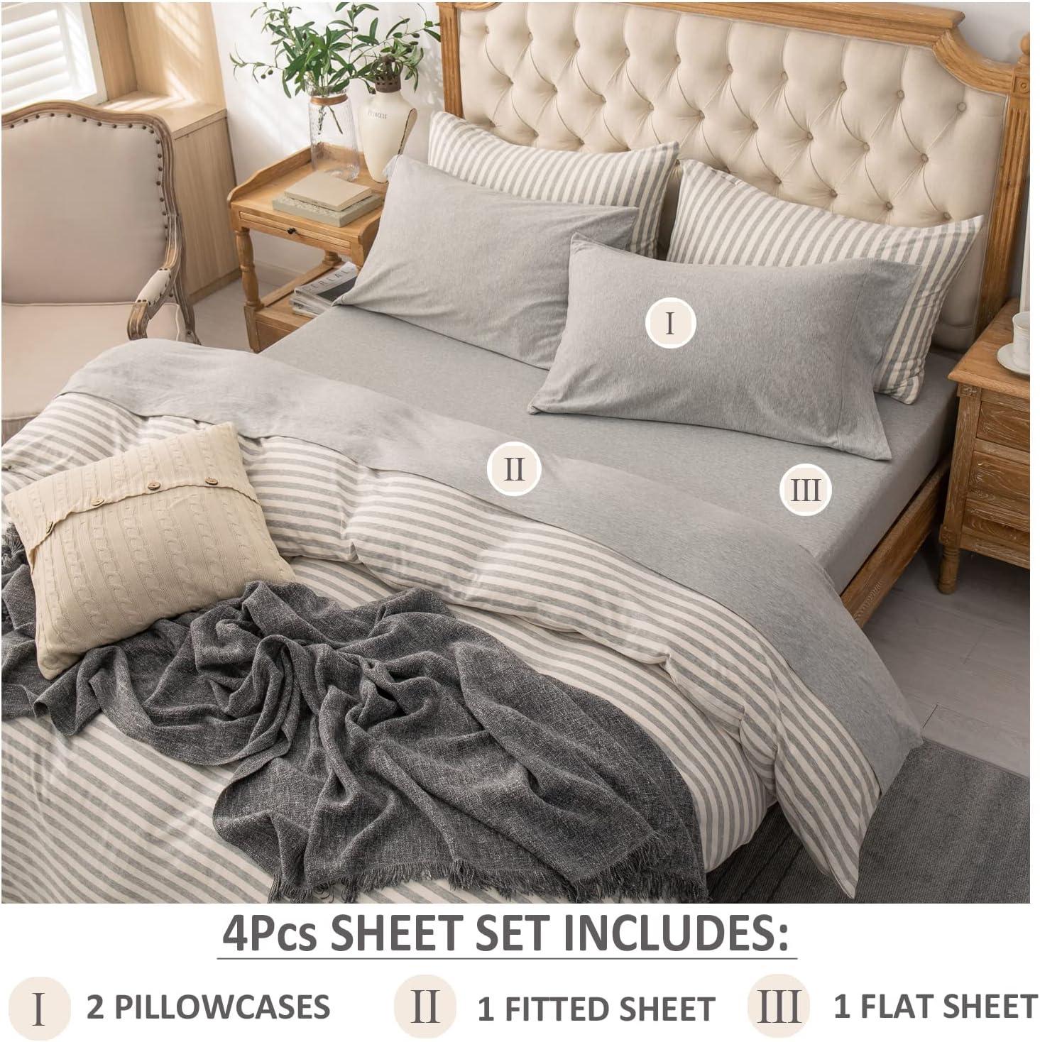 PURE ERA 100% Jersey Cotton 4pc Extra Deep Pocket Queen Sheet Set Super Soft Fits Mattress up to 20" Light Gray