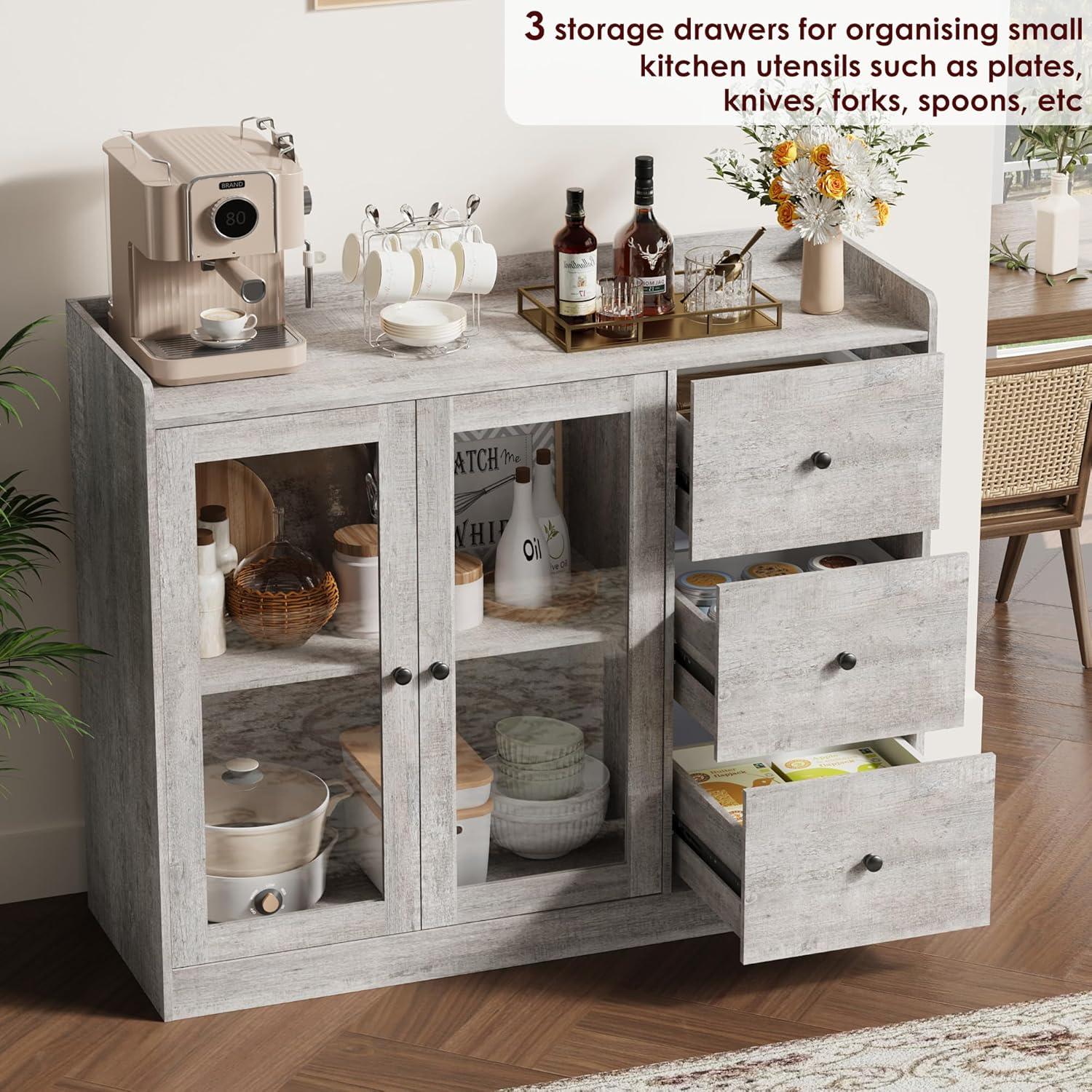 WALYWIK Sideboard Buffet Cabinet with Storage, 43" Coffee Bar Cabinet with Glass Doors and 3 Drawers, Storage Cabinet with Adjustable Shelves for Kitchen, Dining Room, Grey