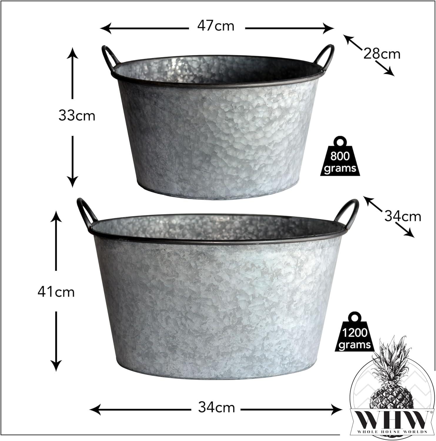 Rustic Gray Galvanized Metal Oval Planter Tubs Set of 2