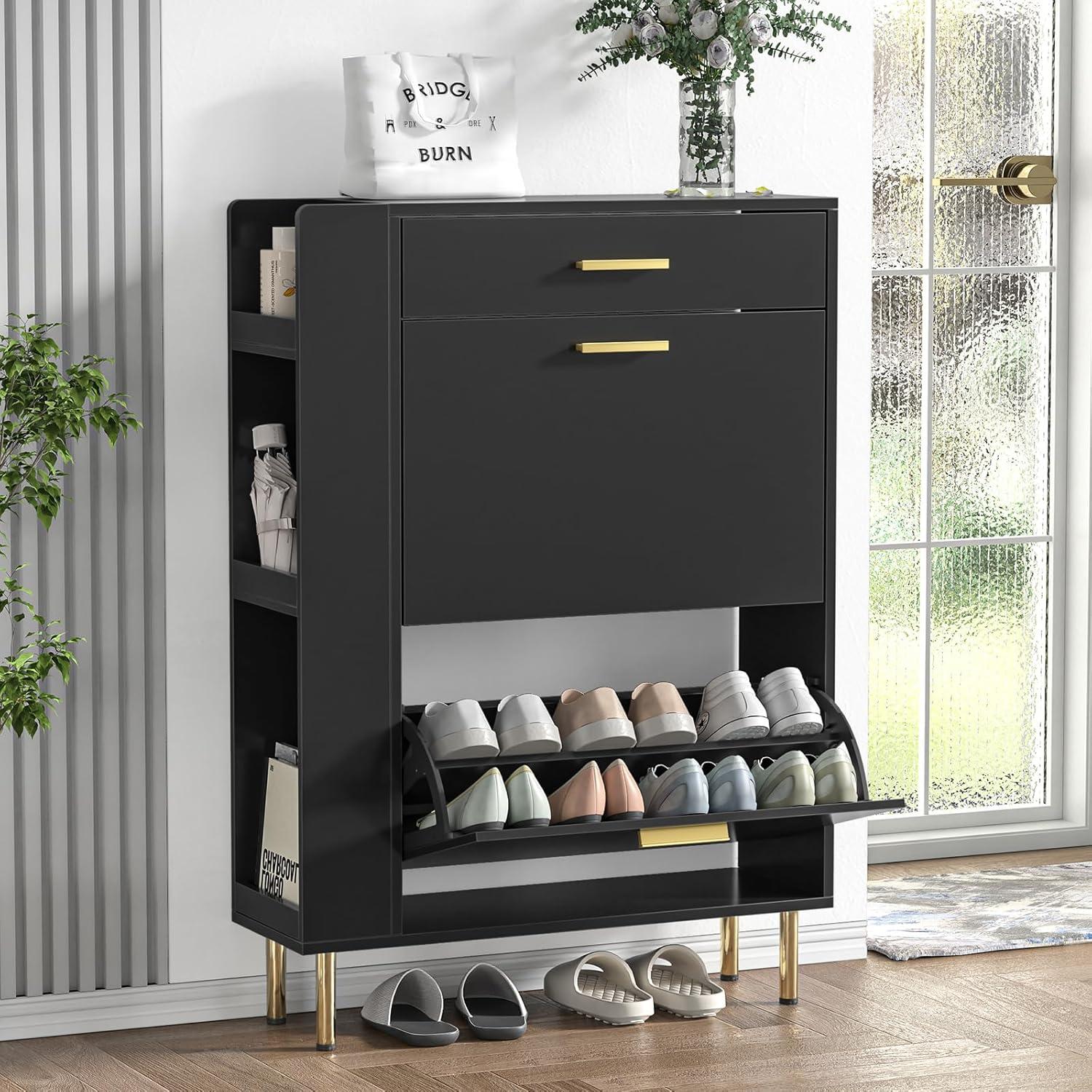 Shoe Cabinet Storage for Entryway  Freestanding Slim Shoe Organizer Cabinet with 2 Flip Drawers  Narrow Shoe Rack with Open Shelves for Hallway  Living Room  White