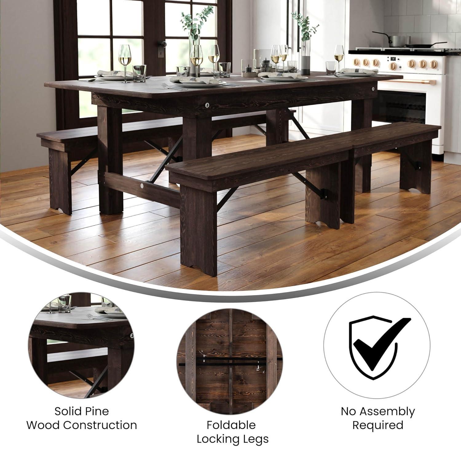 7' x 40'' Rectangular Solid Pine Folding Farm Dining Table in Black Wash Finish