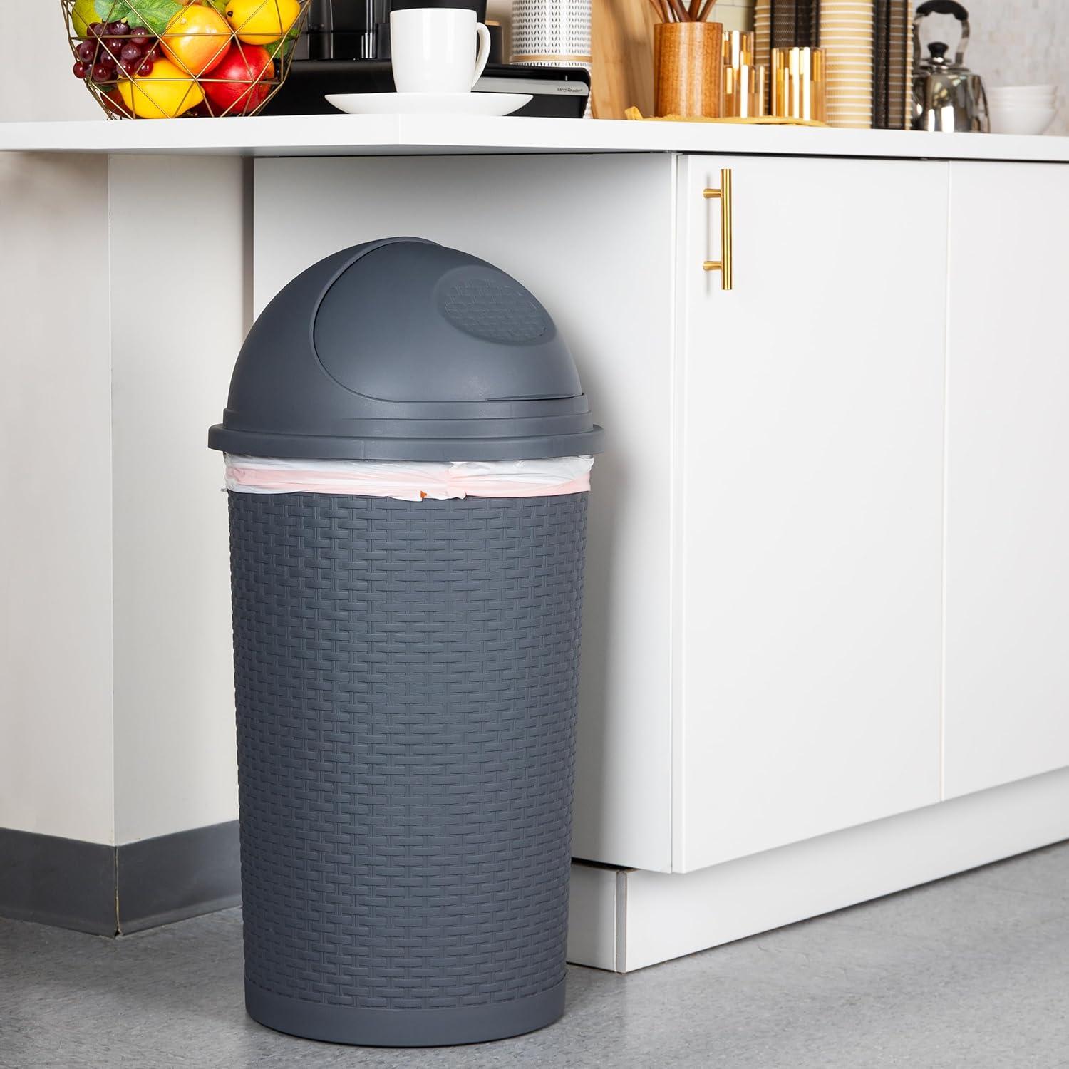 Mind Reader Roll-Top Kitchen Garbage Can with Lid, Wicker Design, Plastic, 16 x 31.5, Gray