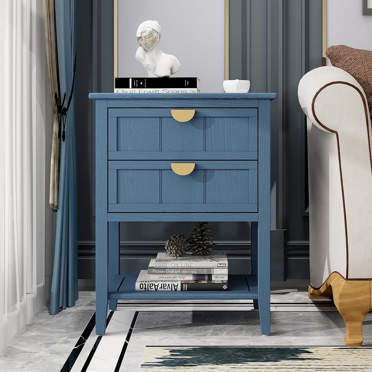 Blue MDF 2-Drawer Side Table with Storage Shelf