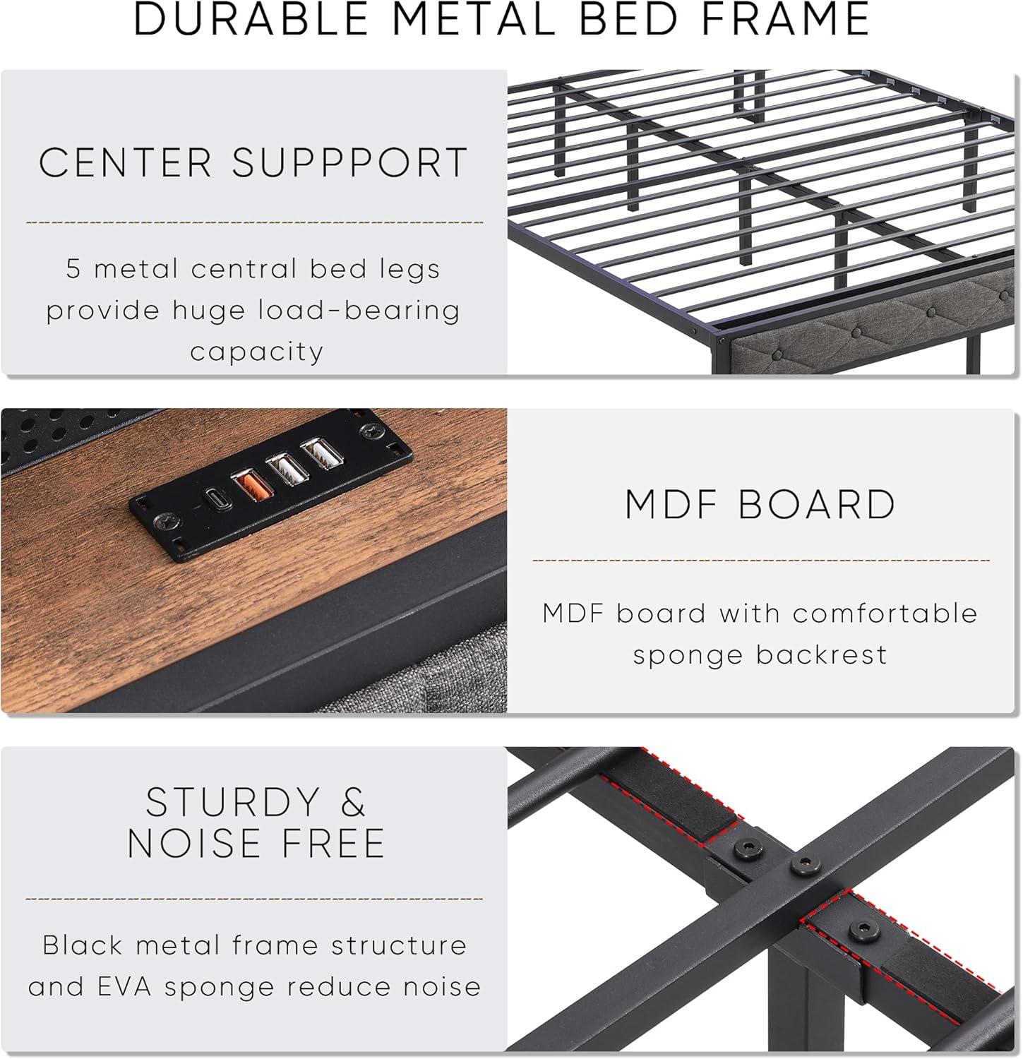 Bed With Storage Headboard, Charging Station And LED Lights, Upholstered Platform Bed Frame With Metal Slats, No Box Spring Needed, Gray