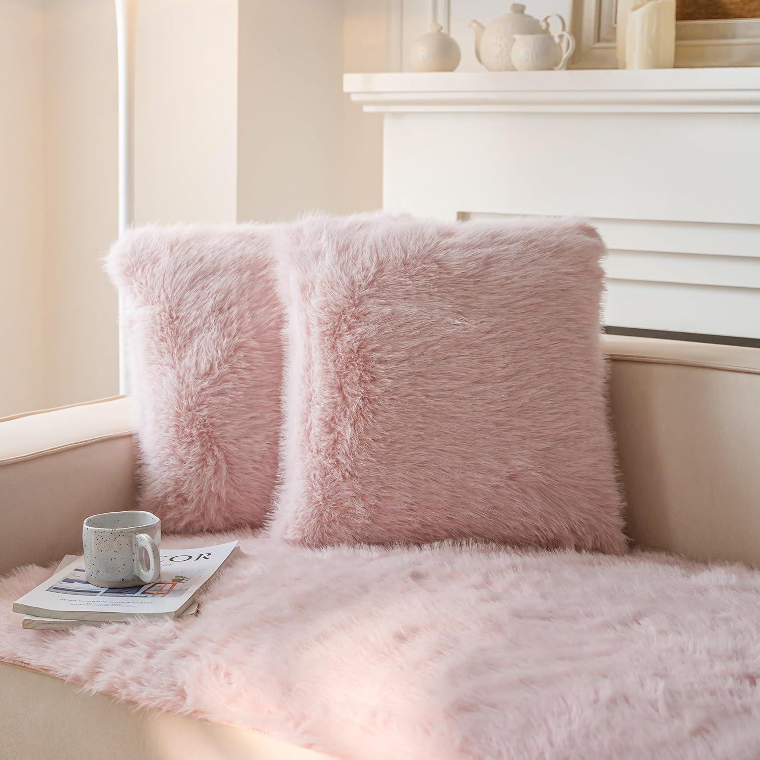 Set of 2 Fluffy Pillow Covers New Luxury Series Merino Style Blush Faux Fur Decorative Throw Pillow Covers Square Fuzzy Cushion Case 18x18 Inch