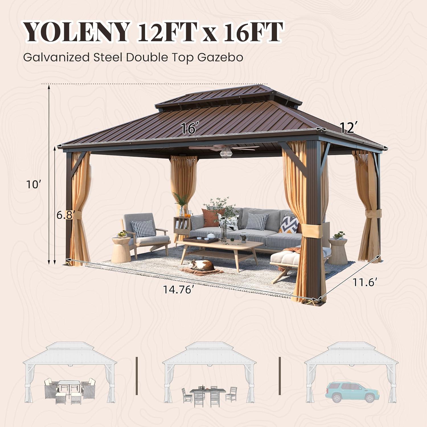 Erommy Outdoor Galvanized Steel Roof Gazebo Pergola w Wooden Coated Alumninum Frame, Privacy Curtains and Nettings Include Ultra Thick 12' x 16'