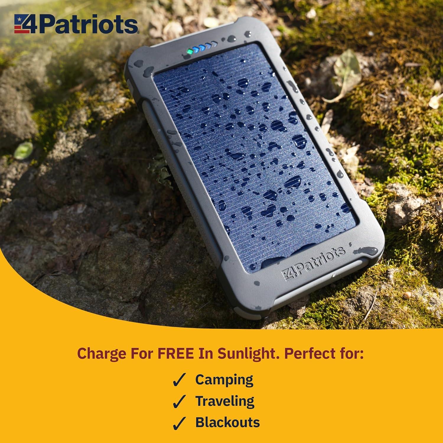 4Patriots 4-Pack Patriot Power Cell Bundle: Portable Solar Power, Rechargeable Battery 2 USB Ports, 8,000 mAh Lithium Polymer Battery, LED Flashlight & IP67 Water Resistant for Hiking or Emergencies