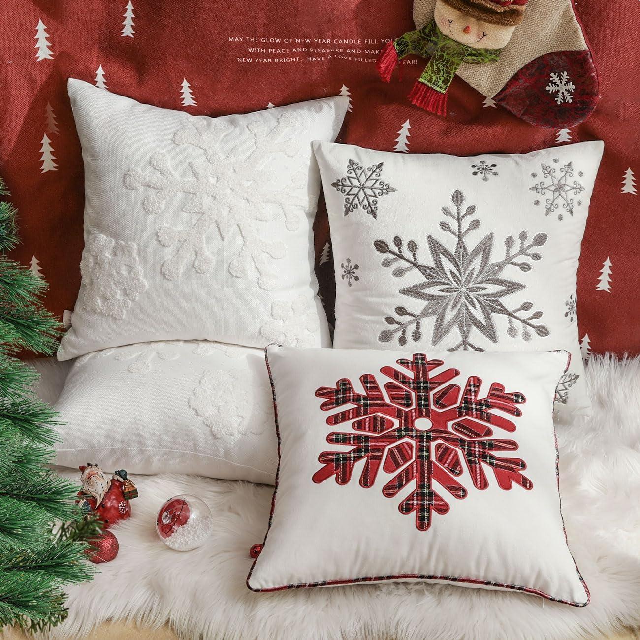 White Polyester Embroidered Snowflake Christmas Throw Pillow