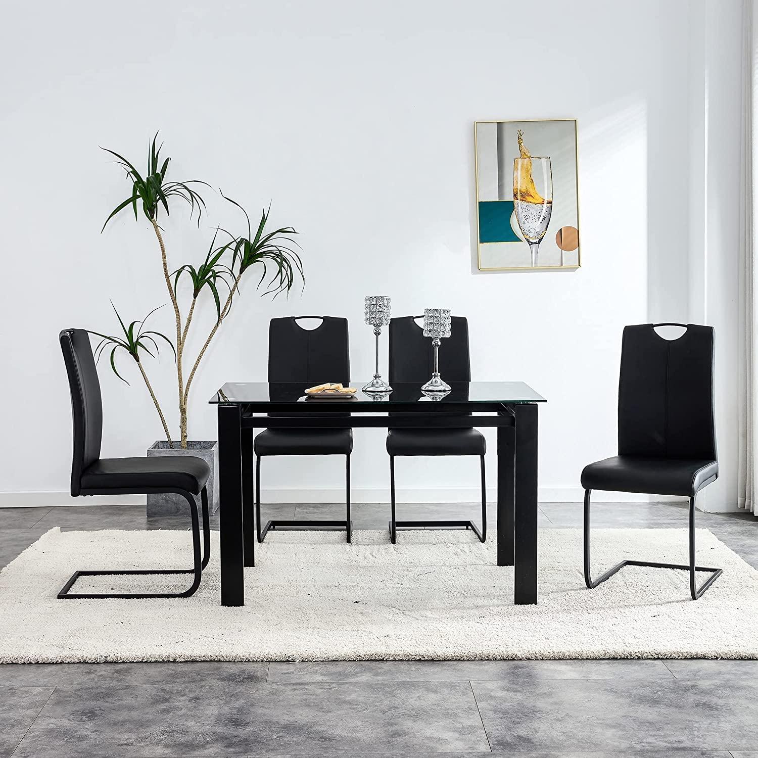 Modern Tempered Glass Black Dining Table - Rectangular Metal Legs for Living Room and Kitchen