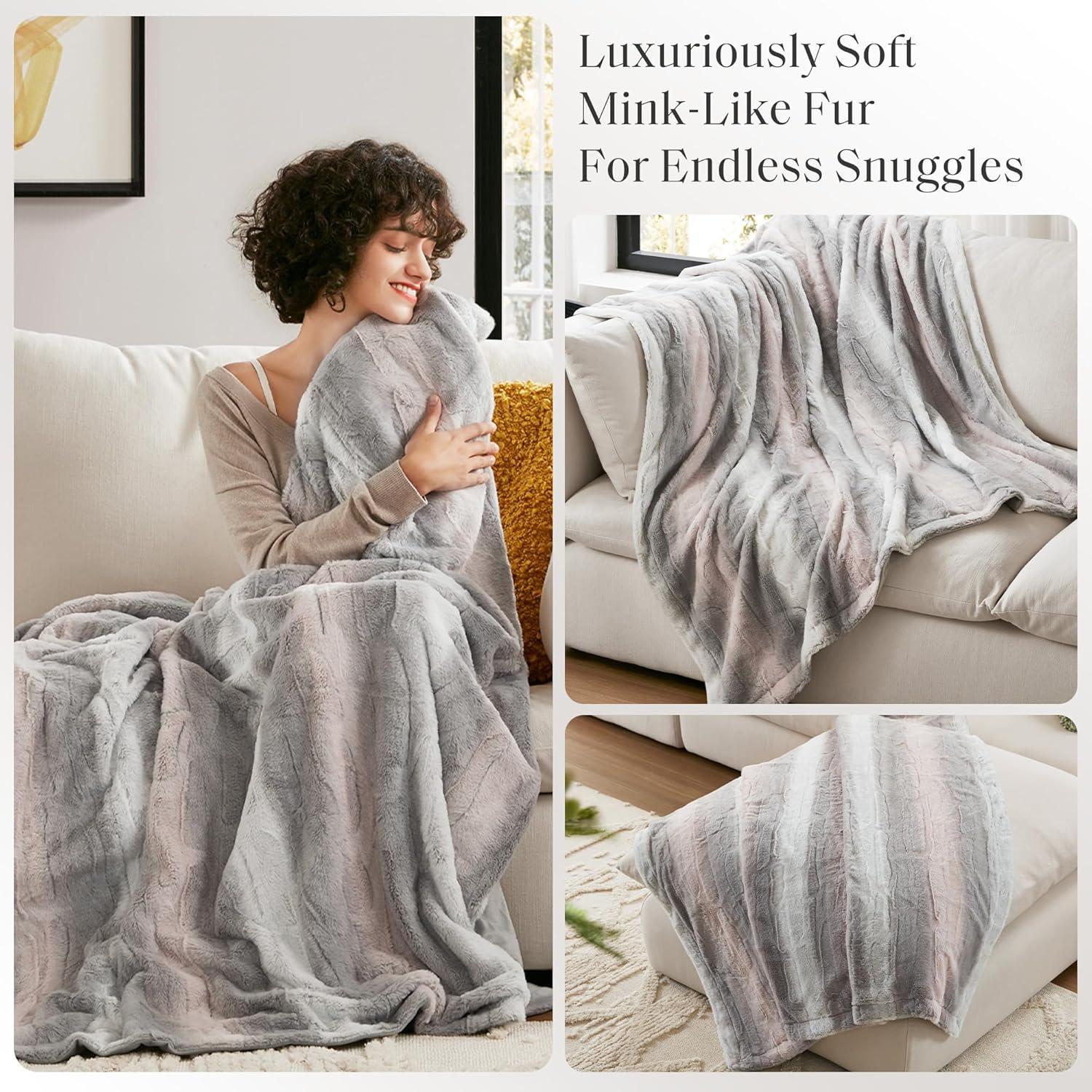 60"x70" Oversized Marselle Faux Fur Throw Blanket Blush/Gray - Madison Park