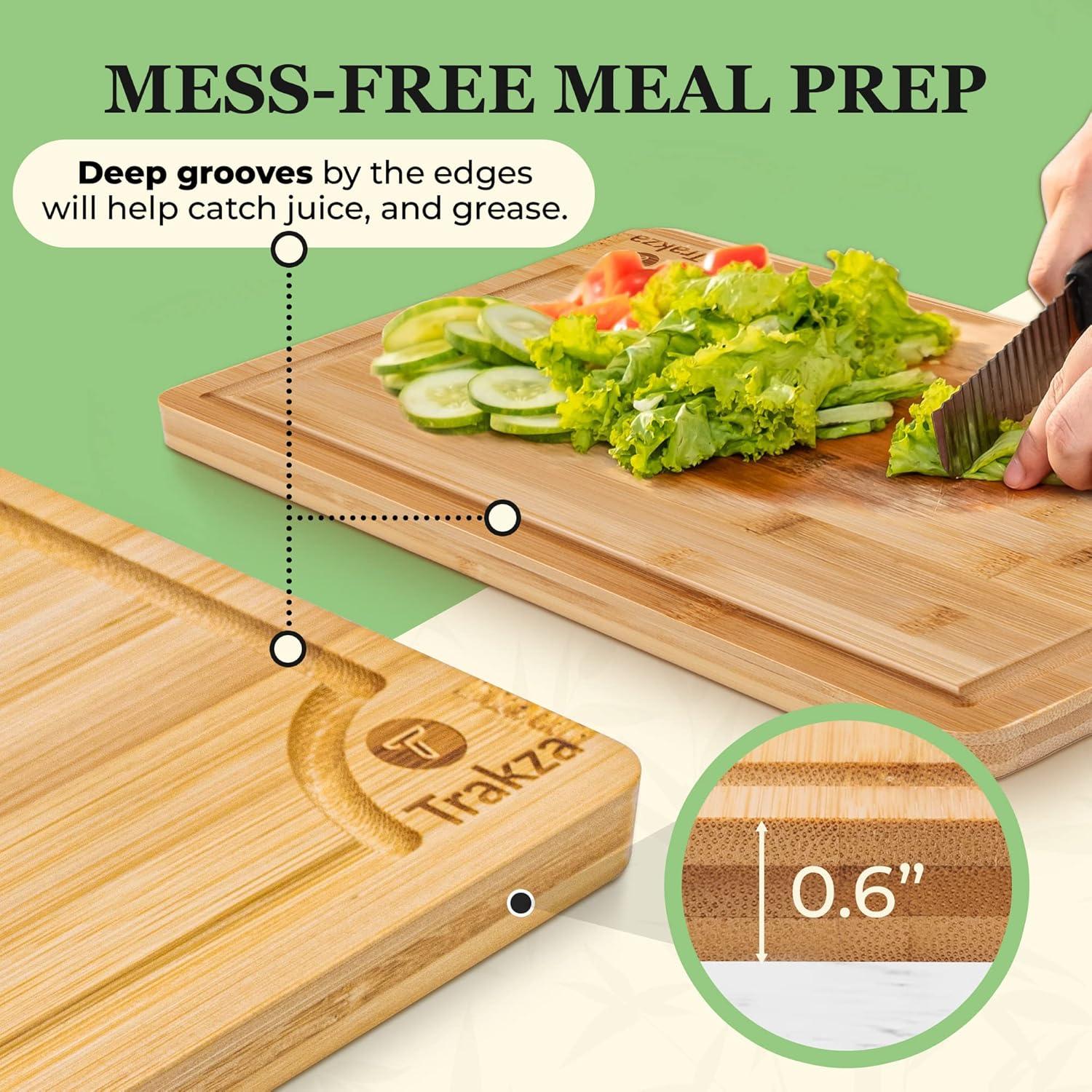 Bamboo Cutting Board Set of 3 with Side Trays - Wood Cutting Boards For Kitchen for Meat, Cheese, Fruits & Vegetables by Royal Craft Wood