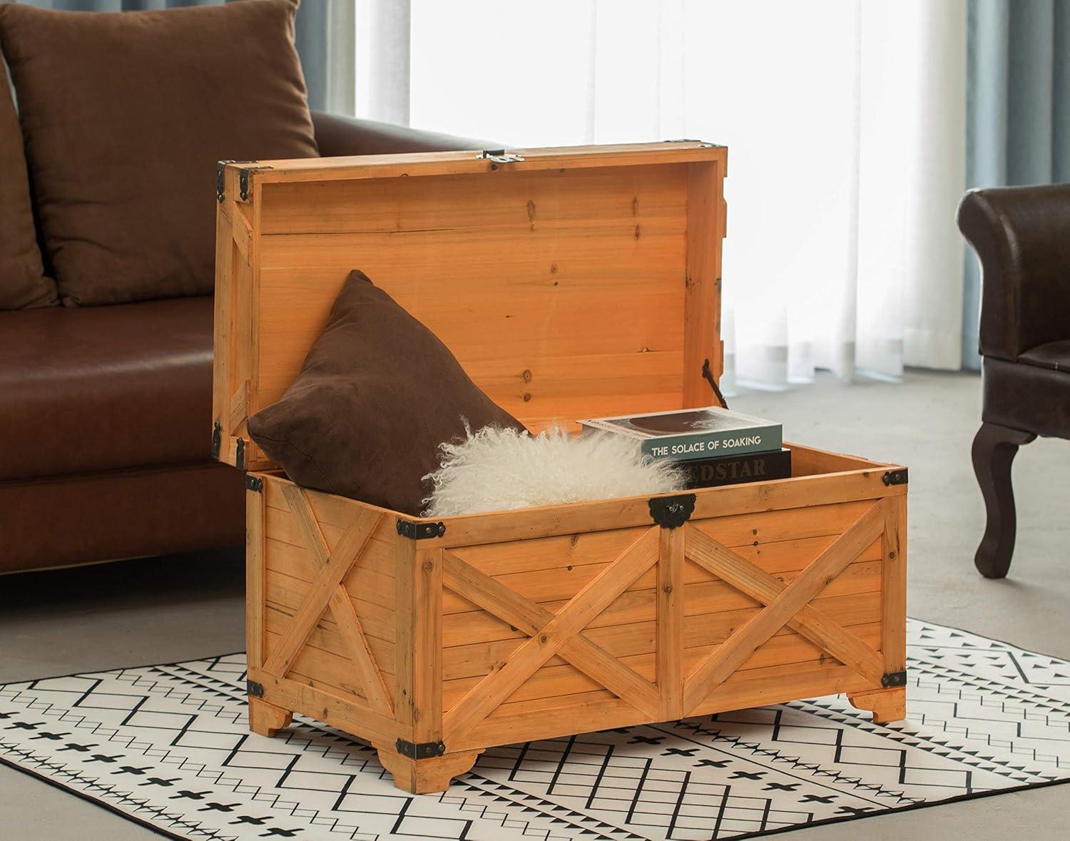 Large Natural Wood Farmhouse Storage Trunk Chest with Hinged Lid